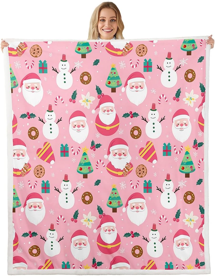 Christmas Santa Throw Blanket Twin 60"x80" Cute Snowman Soft Fleece Sherpa Cozy Warm Xmas Holiday Fuzzy Plush Throw Gifts for Kids Boys Girls,Christmas Tree Snowflake Candy Decor Pink