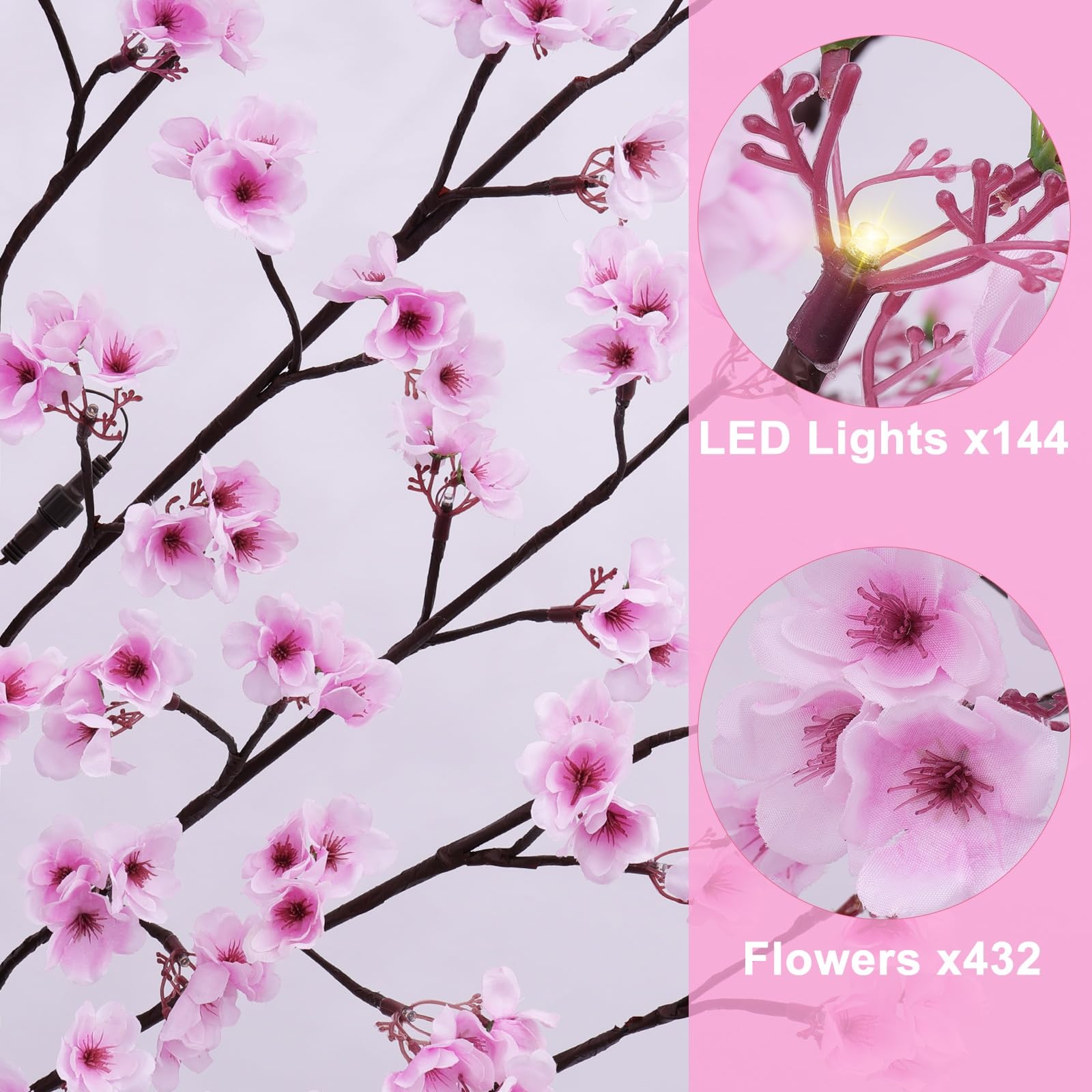 7FT Lighted Cherry Blossom Tree - Faux Artificial Light Up Cherry Blossom Tree with 144 Lights, 432 Lush Flowers, Timer, Remote 8 Modes Pink Tree for Spring Wedding Party Indoor Outdoor Decor