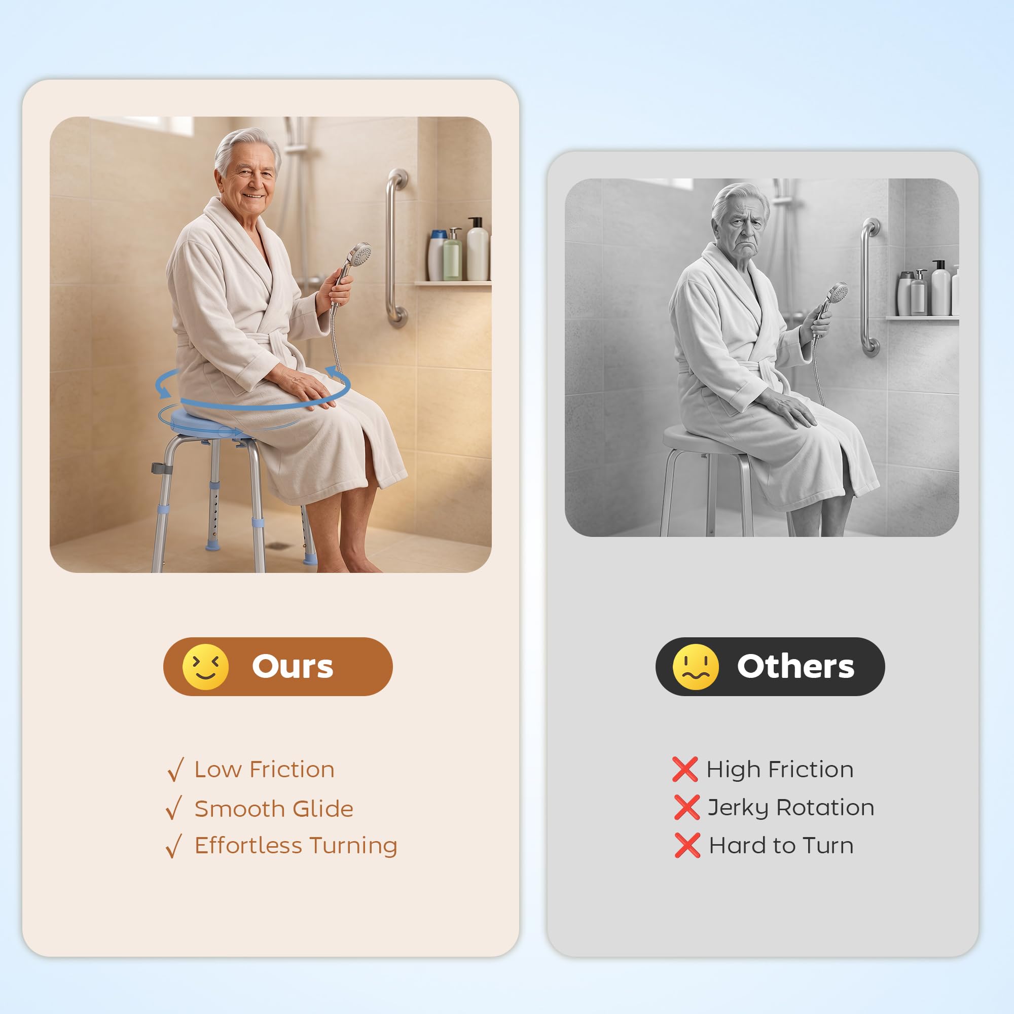 HOMCOM Silla Ducha Personas Mayores Giratorio 360° con Marco Aluminio | Taburete Ducha, Altura Regulable 5 Niveles, Antideslizante, Silla de Baño, Montaje Sin Herramientas, Carga 136 kg
