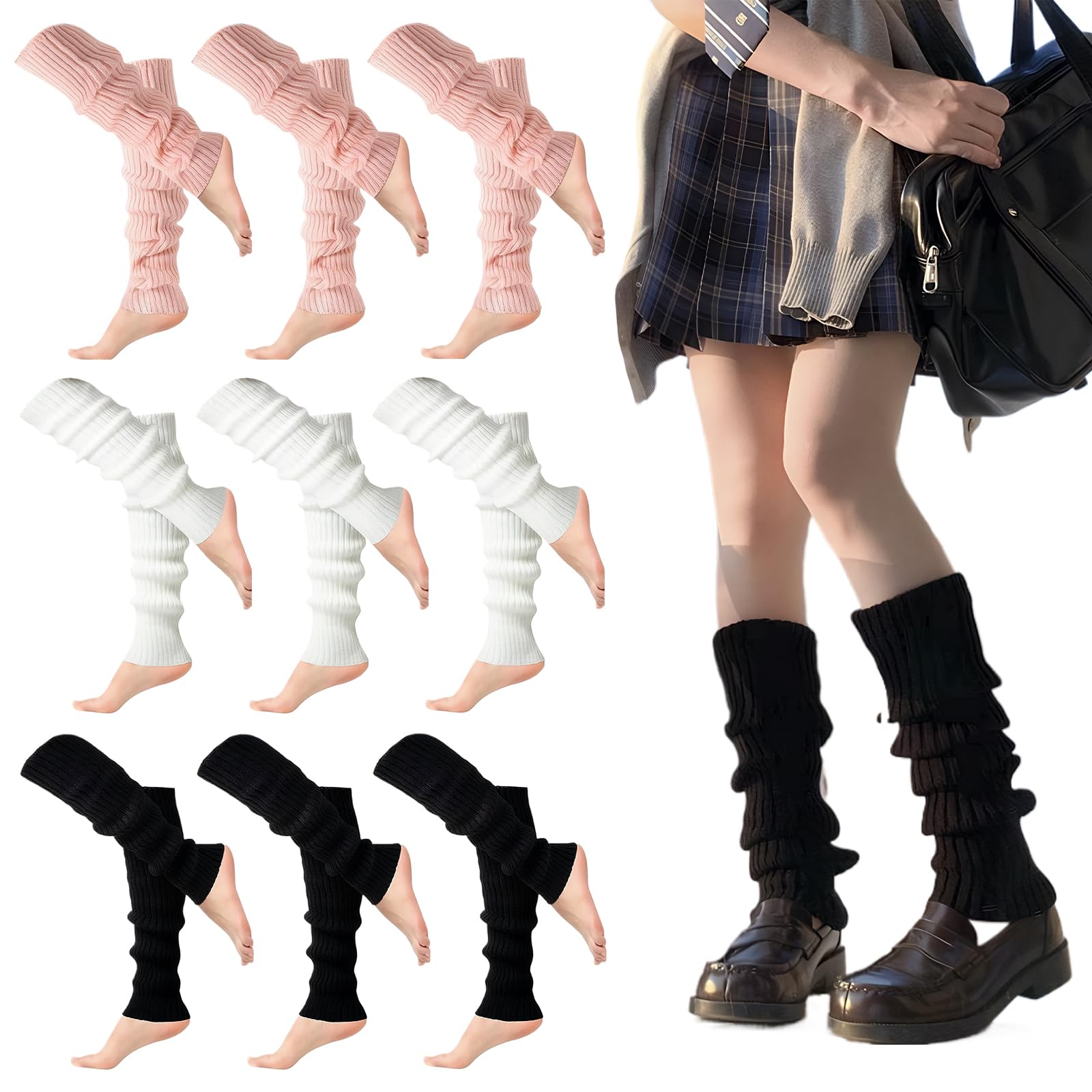 Uoxmiy Women's Black 9 Pairs Leg Warmers Y2k Ribbed Knitted Leg Warmers 80S For Girls Lady Fashion Long Boot Cuff Knee Socks Legwarmers For Y2k Ballet Dance Ice Skating (, White, Pink)