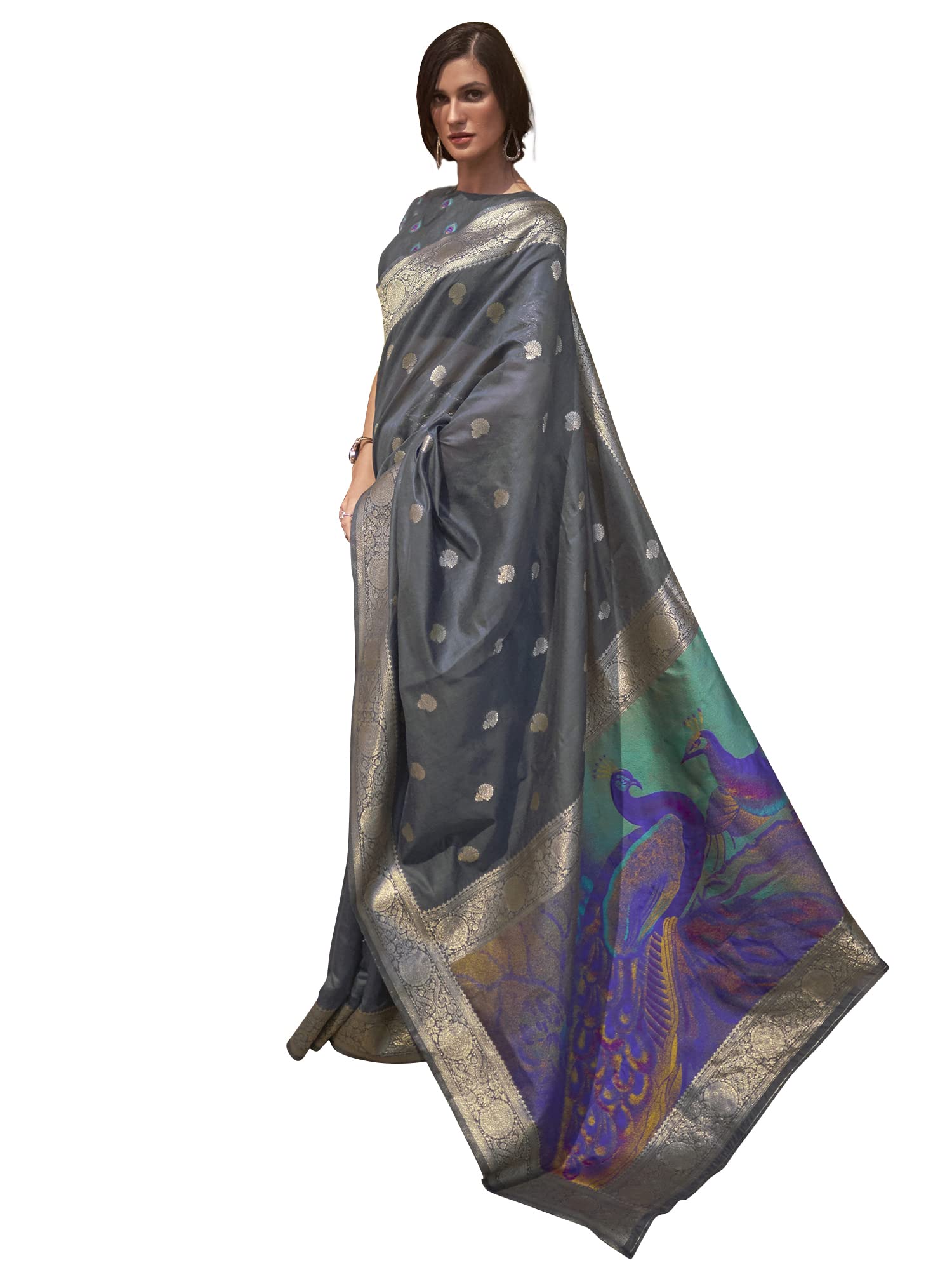 AKHILAM Women's Woven Design Silk Blend Saree with Unstitched Blouse Piece (Grey_KSWRA234001)