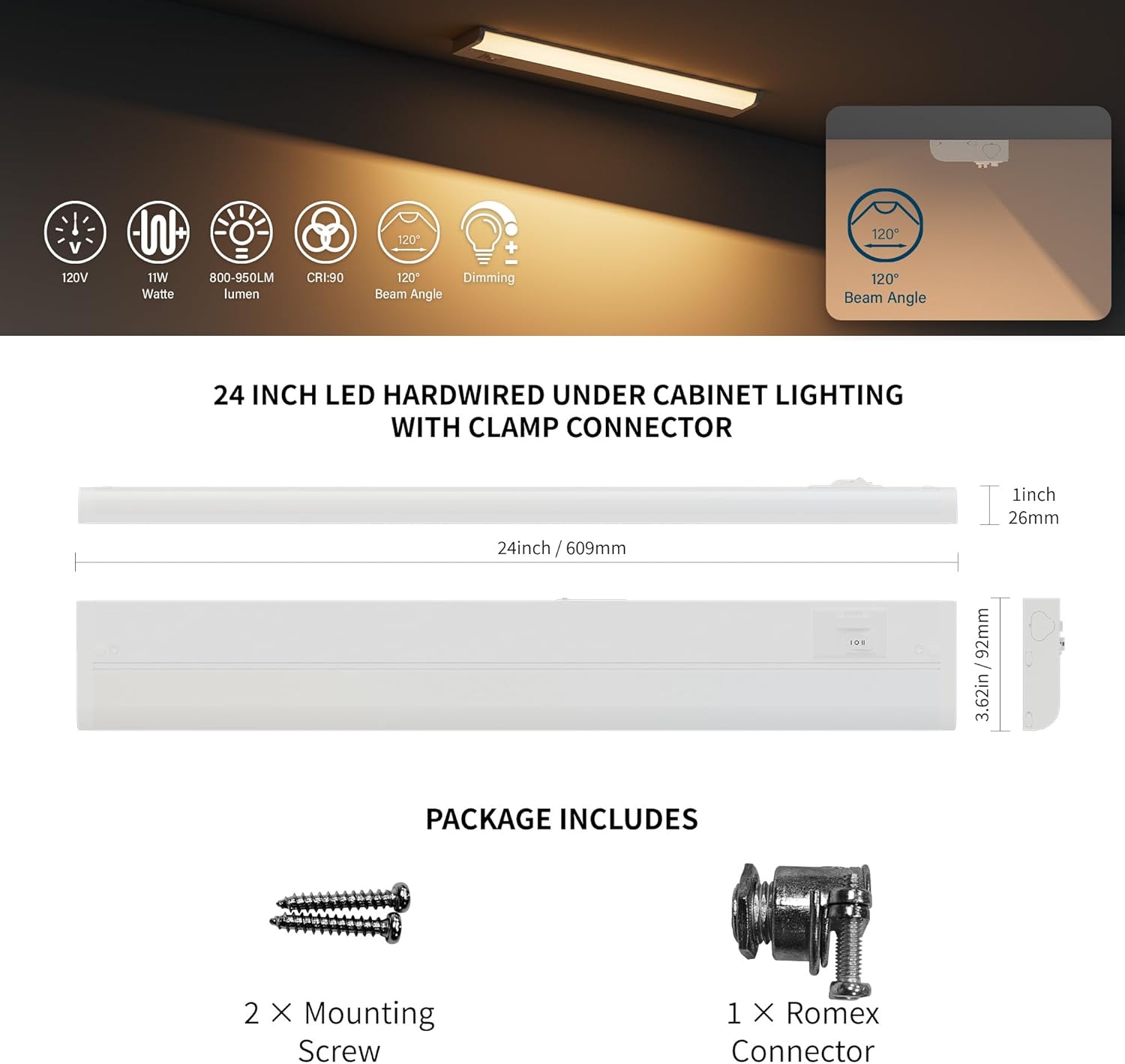 ZAGO 24 Inch Hardwired Under Cabinet Lighting - 5CCT Switchable, Undercounter Led Lights with Clamp Connector for Kitchen, 120V, 11W, 800-950LM, ETL & Damp Rated, White, 4 Packs