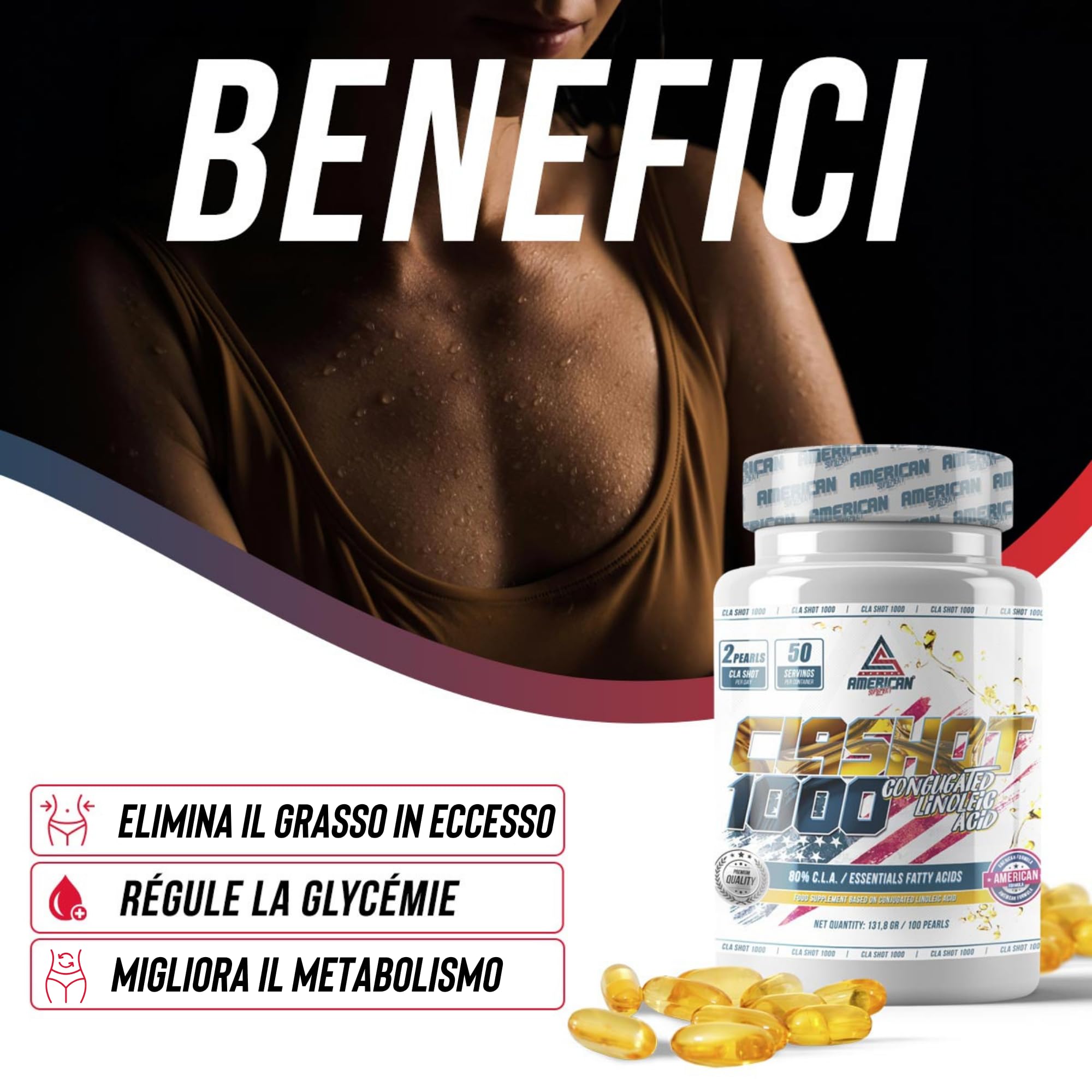 CLA Shot 1000 mg | 100 Gélules | Aide à la Définition Musculaire | Aide au Contrôle de l’Appétit | Acide Linoléique Conjugué | Élaboré à partir d’Huile de Carthame