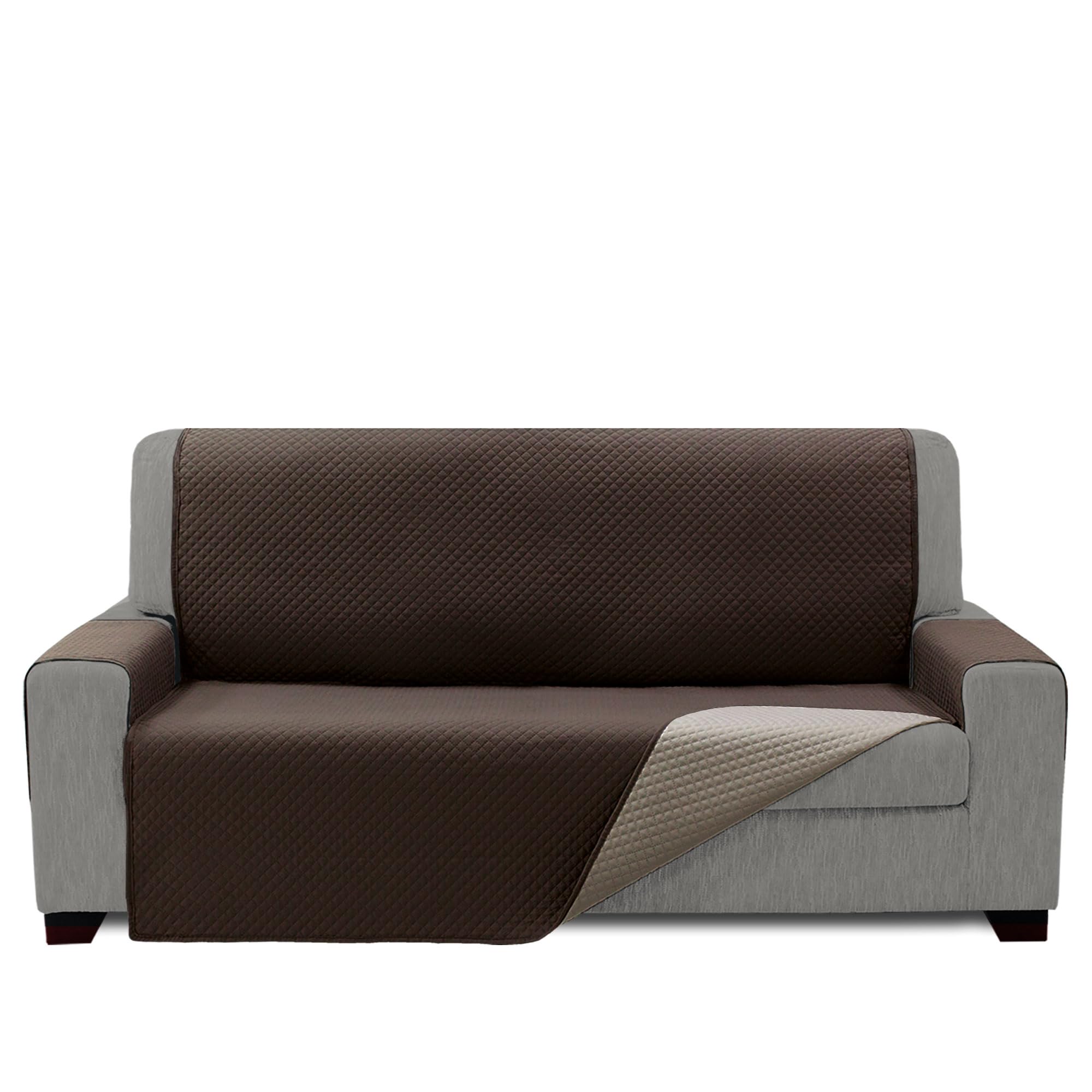 Cubre Sofá Acolchado 2 Plazas - 120 cm (Asiento) | Modelo REQUENA | Marrón-Beige Reversible | Protector Compatible con Sofás Relax y Orejero | Loneta Lavable | Fabricado en España