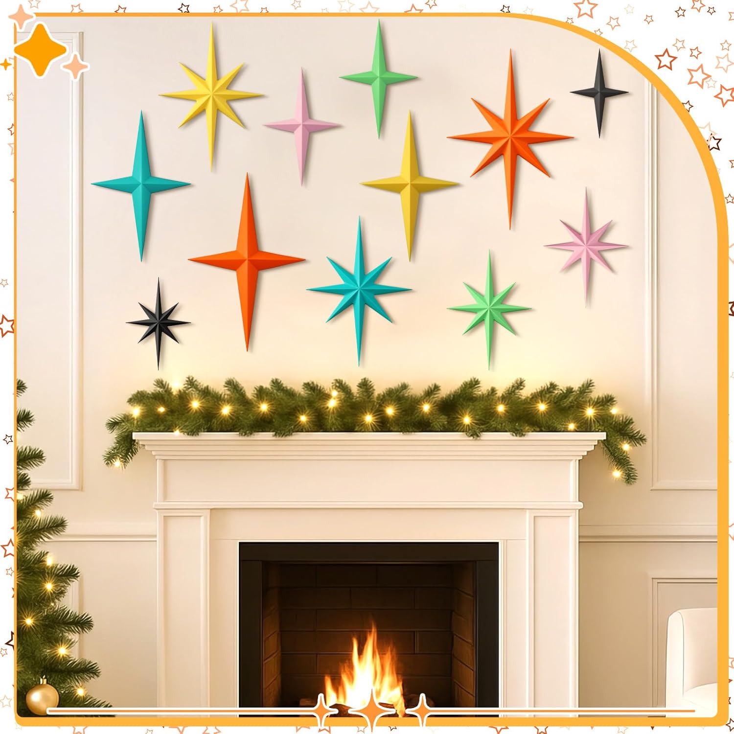 Blulu 12 Pcs Mid Century Modern Decoration Mcm Retro 3D Starburst Art Wall Sculpture, Plastic 8 Pointed Atomic Star Vintage Celestial Whimsigoth Accent for Home Office Room Decor(Retro)