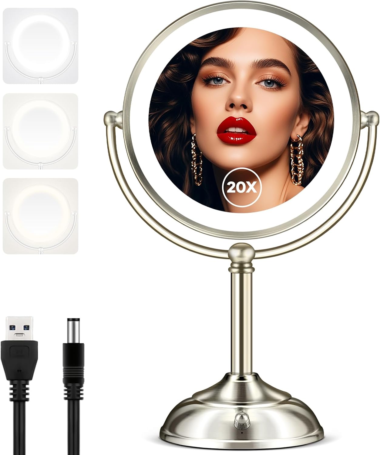 Makeup Mirror with Lights, 9" 20X Magnifying Mirror with Light and 3 Colors, Vanity Mirror with Lights and Adjustable Brightness, 2-Sided Desk Mirror with Light for Makeup, Nickel