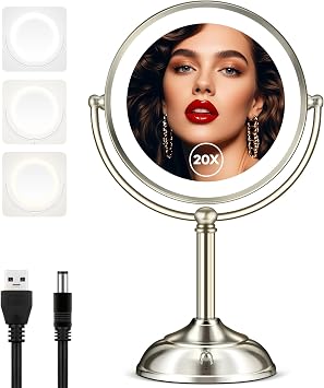MOMOKUBA Makeup Mirror with Lights, 9" 20X Magnifying Mirror with Light and 3 Colors, Vanity Mirror with Lights and Adjustable Brightness, 2-Sided Desk Mirror with Light for Makeup, Nickel