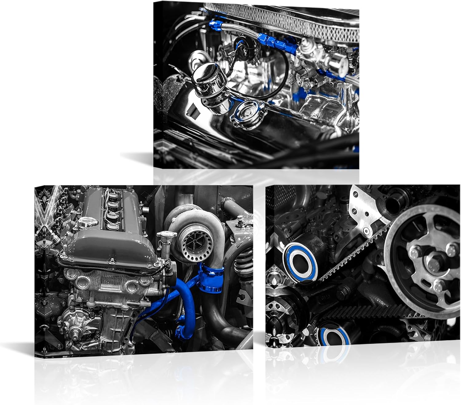 FuShvre Car Engine Wall Art Automotive Wall Decor Industrial Picture Prints on Canvas for Man Cave Office Decoration Black and Blue 16"x12" Each