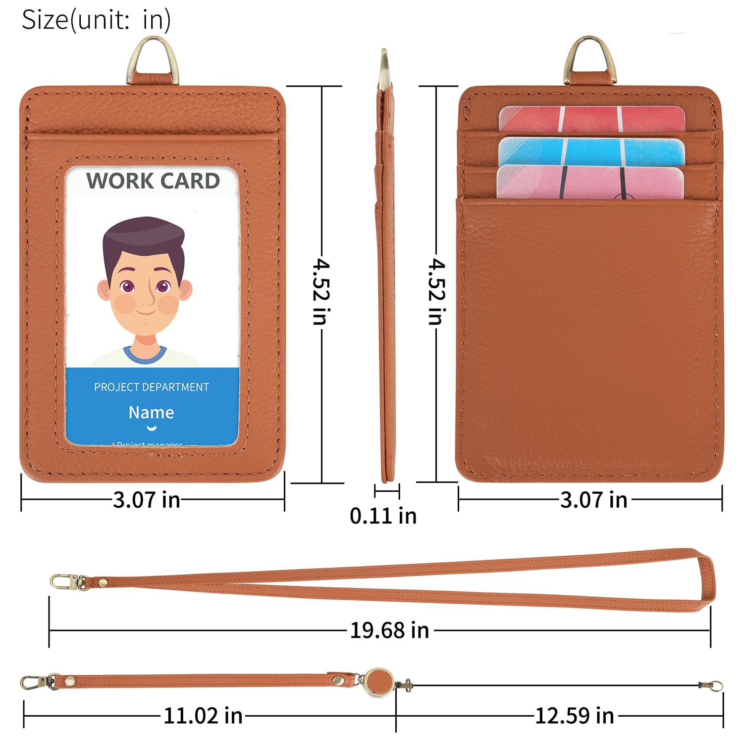 Wason ID Badge Holder with Genuine Leather Case, Detachable Neck Lanyard, Hand Strap, Retractable Badge Reel - Image 4