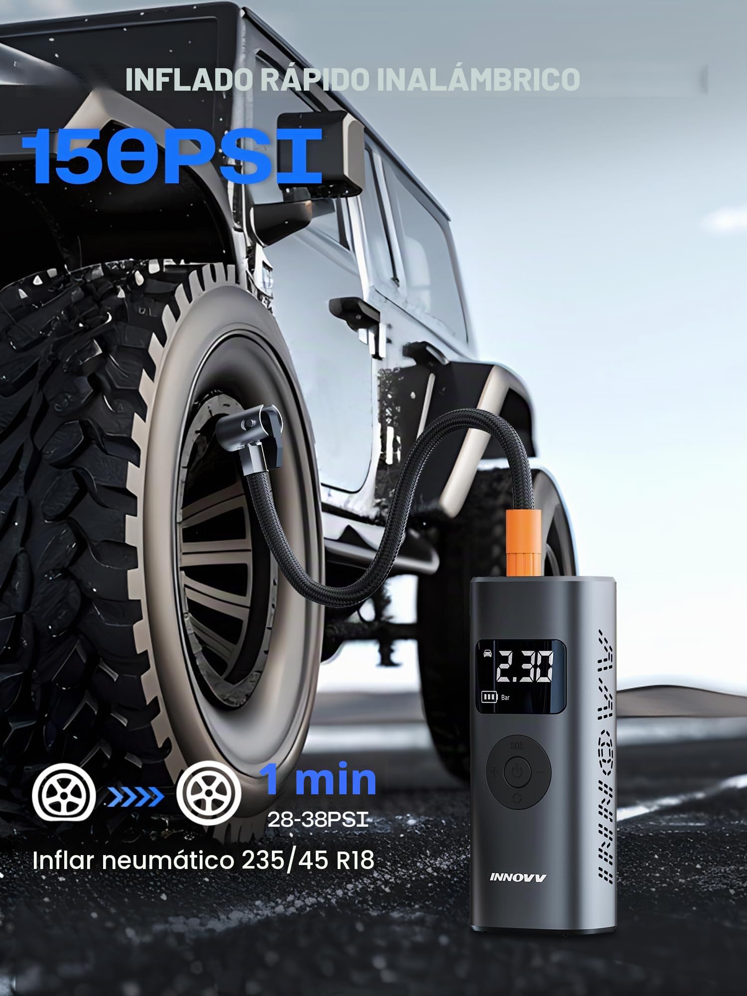 INNOVV Bomba de aire eléctrica P1, portátil para bicicleta, con indicador digital de presión y iluminación de emergencia, 150 psi, recargable para coche