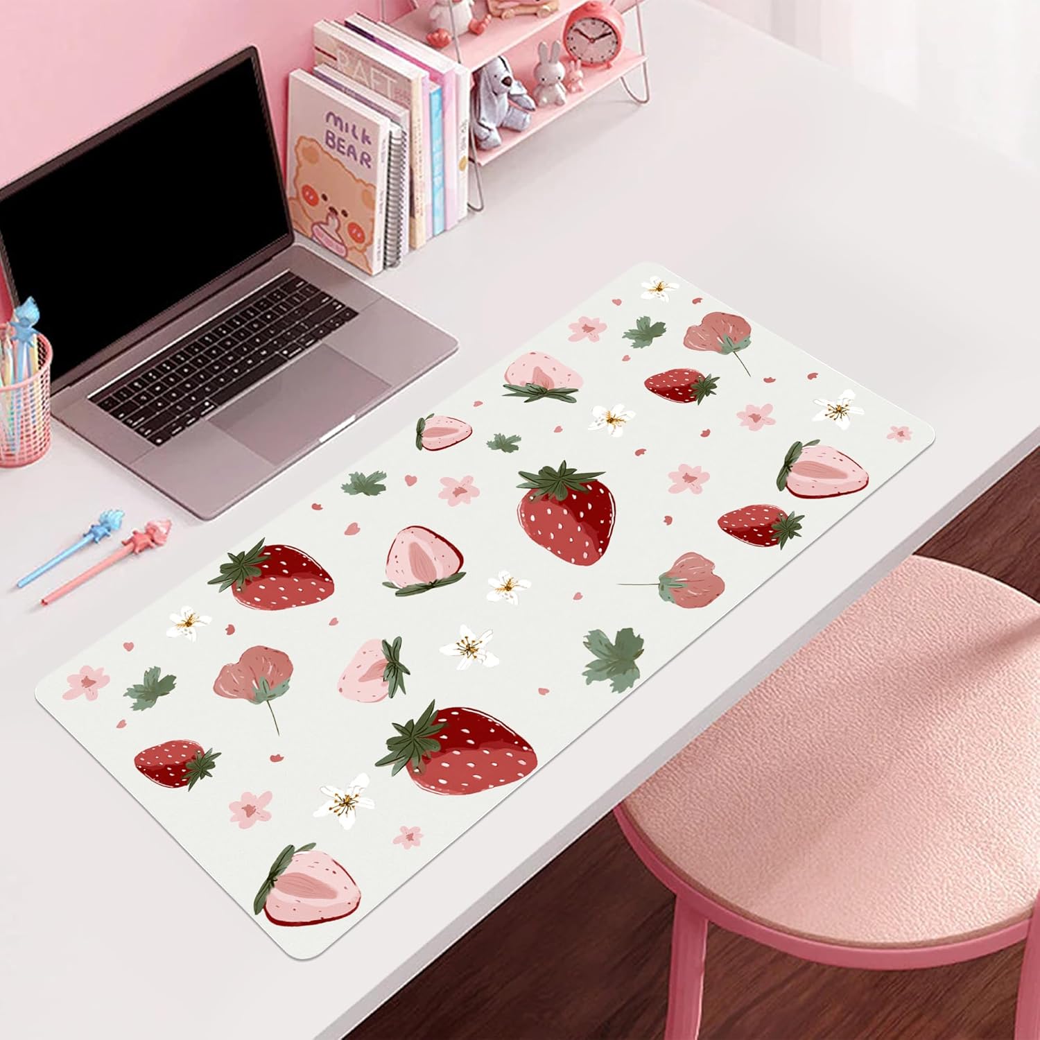 Idocolors Strawberry Desk Mat, Cute Extended Gaming Keyboard Mouse Pad, Large Office Desk Cover Mat Pad Deskmat, Non-Slip Leather Home Office Desk Mat Protector 31.5"×15.7"