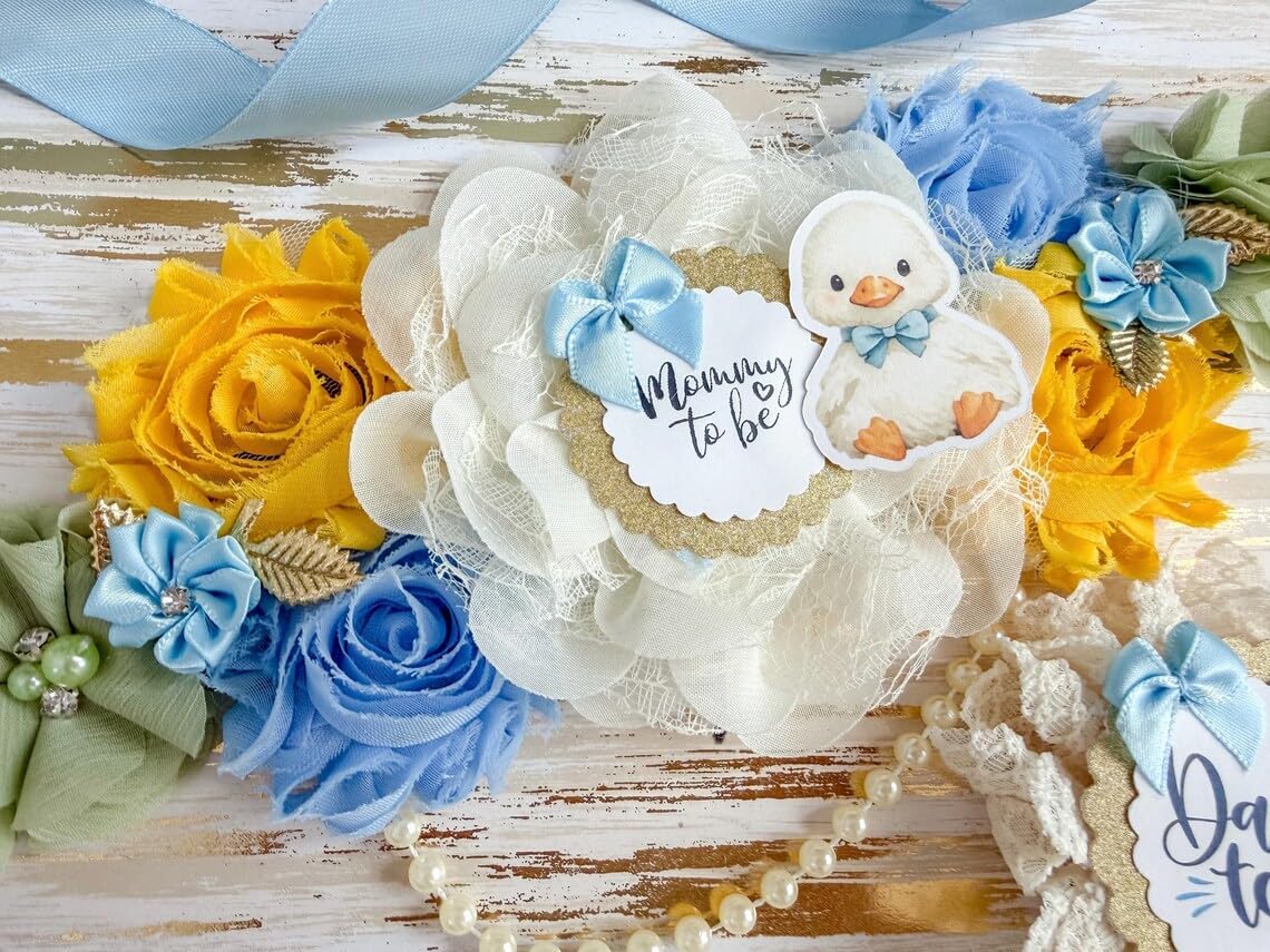 Baby Goose Duck Shower Mommy To Be Sash & Daddy To Be Pin – Baby Shower Decorations, Pastel Maternity Corsage Set, Gender Reveal Party Keepsake