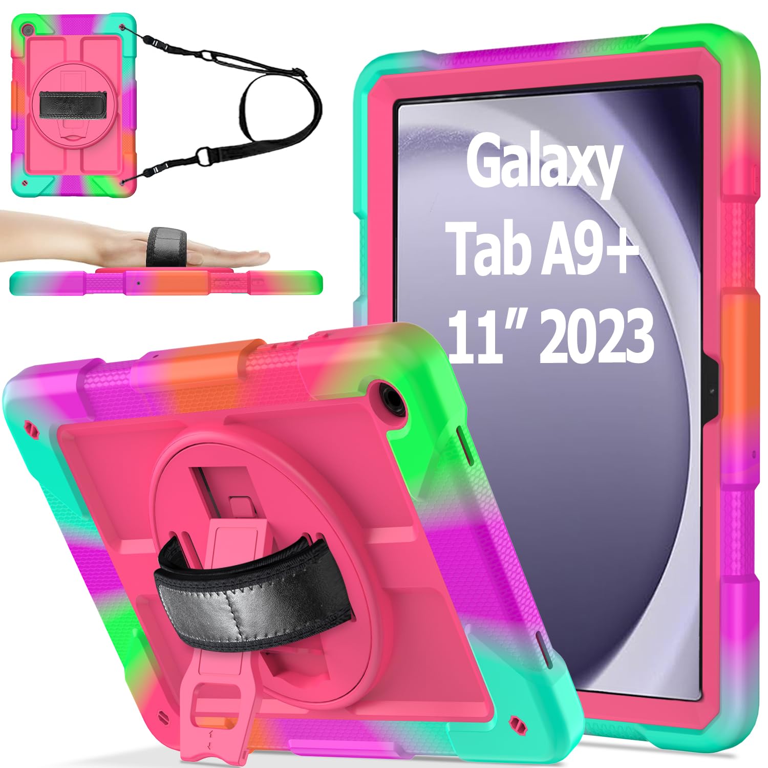 AVAWO Case for Samsung Galaxy Tab A9+ Plus 11 inch 2023 with 360° Swivel Handle Strap Cover with Lanyard, Colorful Rose