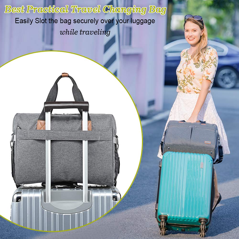 RUVALINO Grand sac à langer de voyage Weekender pour maman et papa, sac transformable, pour garçons et filles, avec matelas à langer, compartiments isothermes pour bouteilles et fixation à la
