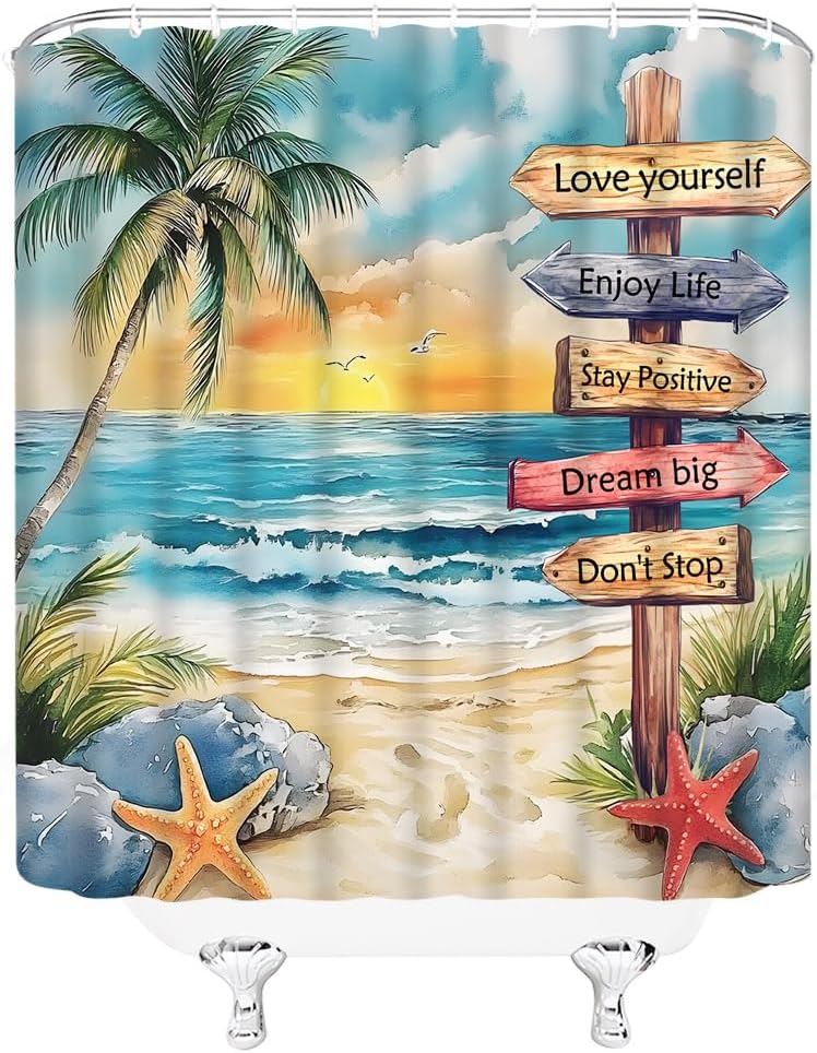 Tropical Beach Palm Tree Shower Curtain Ocean Quotes Coastal Sunset Starfish Watercolor Scenery Inspirational Art Printed Bathroom Decor Polyester Fabric Curtains with Hook 70Wx80H Inches