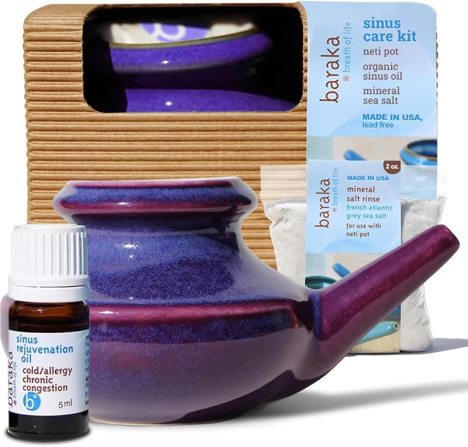 Baraka Sinus Care Kit: Complete Nasal Relief System with Ceramic Neti Pot, Essential Oil (5 ml), Mineral Salt Rinse (2 oz) - Ideal for Daily Nasal Cleansing, Congestion Relief & Sinus Health (Purple)