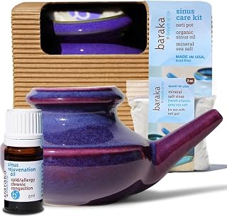 Baraka Sinus Care Kit: Complete Nasal Relief System with Ceramic Neti Pot, Essential Oil (5 ml), Mineral Salt Rinse (2 oz) - Ideal for Daily Nasal Cleansing, Congestion Relief & Sinus Health (Purple)
