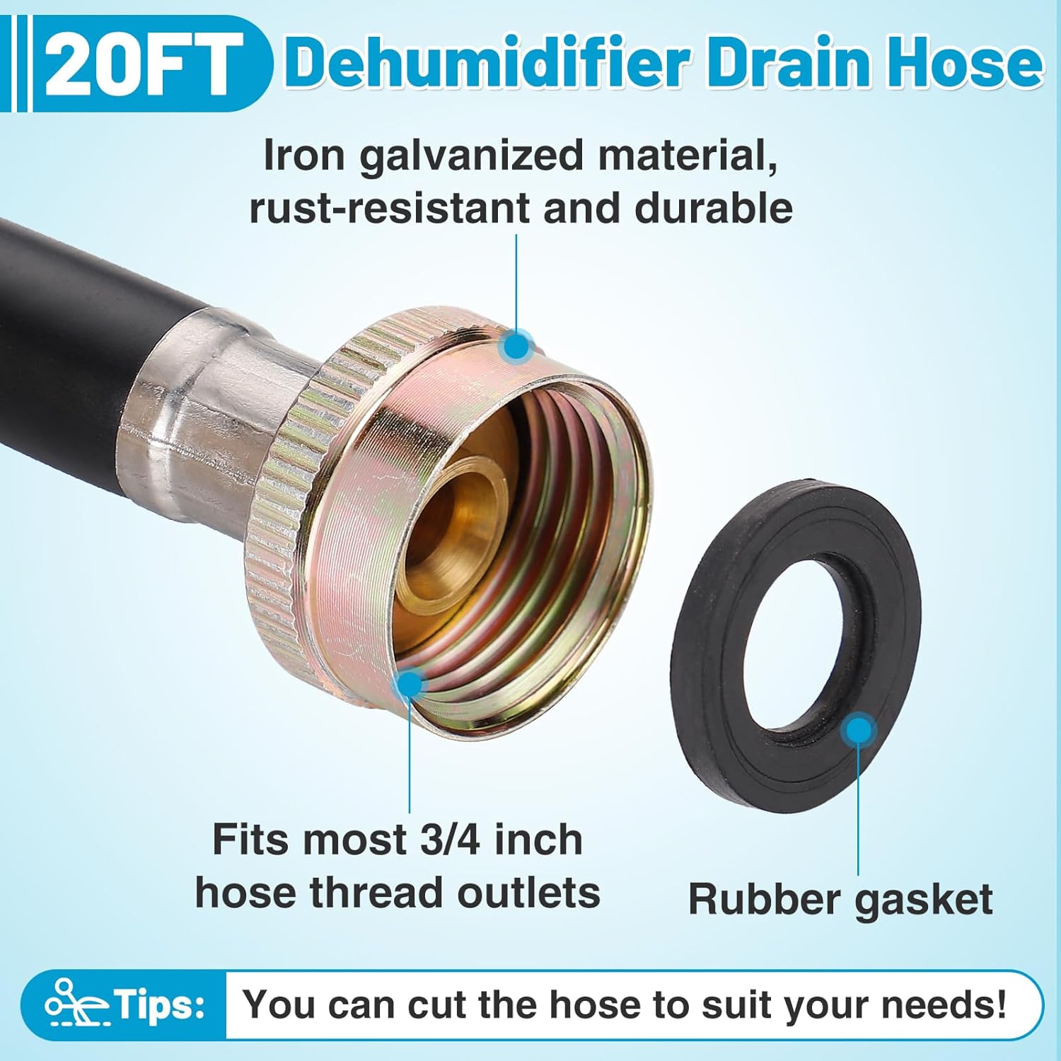 20 FT Extra Long Leakproof Dehumidifier Drain Hose - Thickened Dehumidifier Hose with Rustproof 3/4" FHT Connector Fits Most of Dehumidifiers for Large Space Basement Warehouse