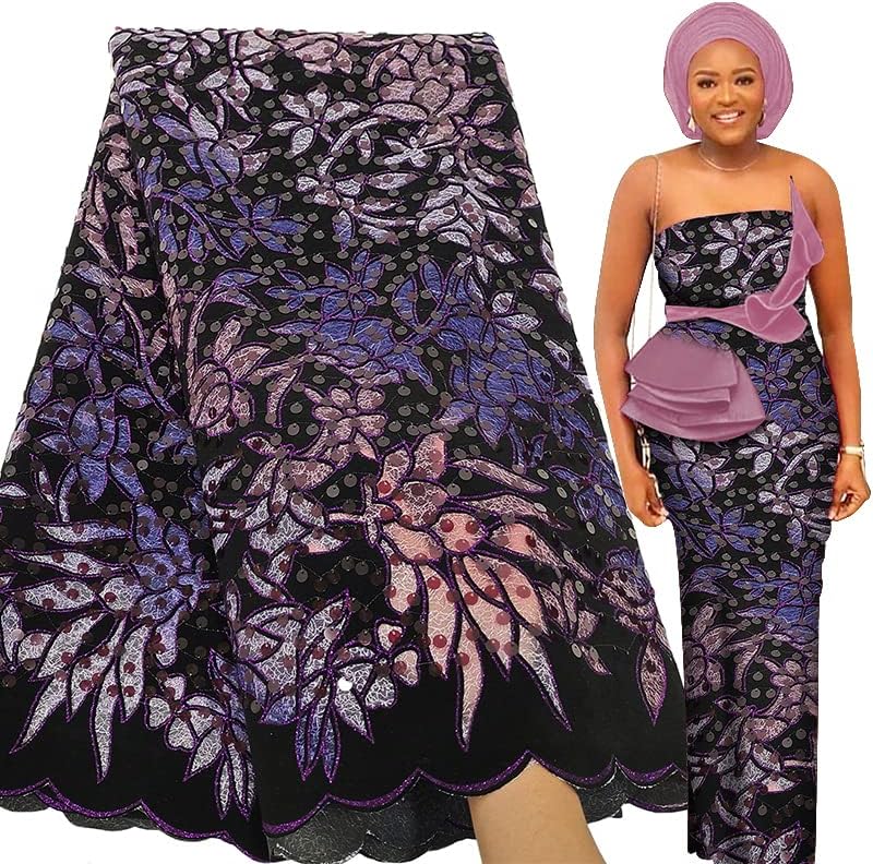 Bestway Fashion Sequins Embroidery Velvet African Lace Fabric 5 Y...
