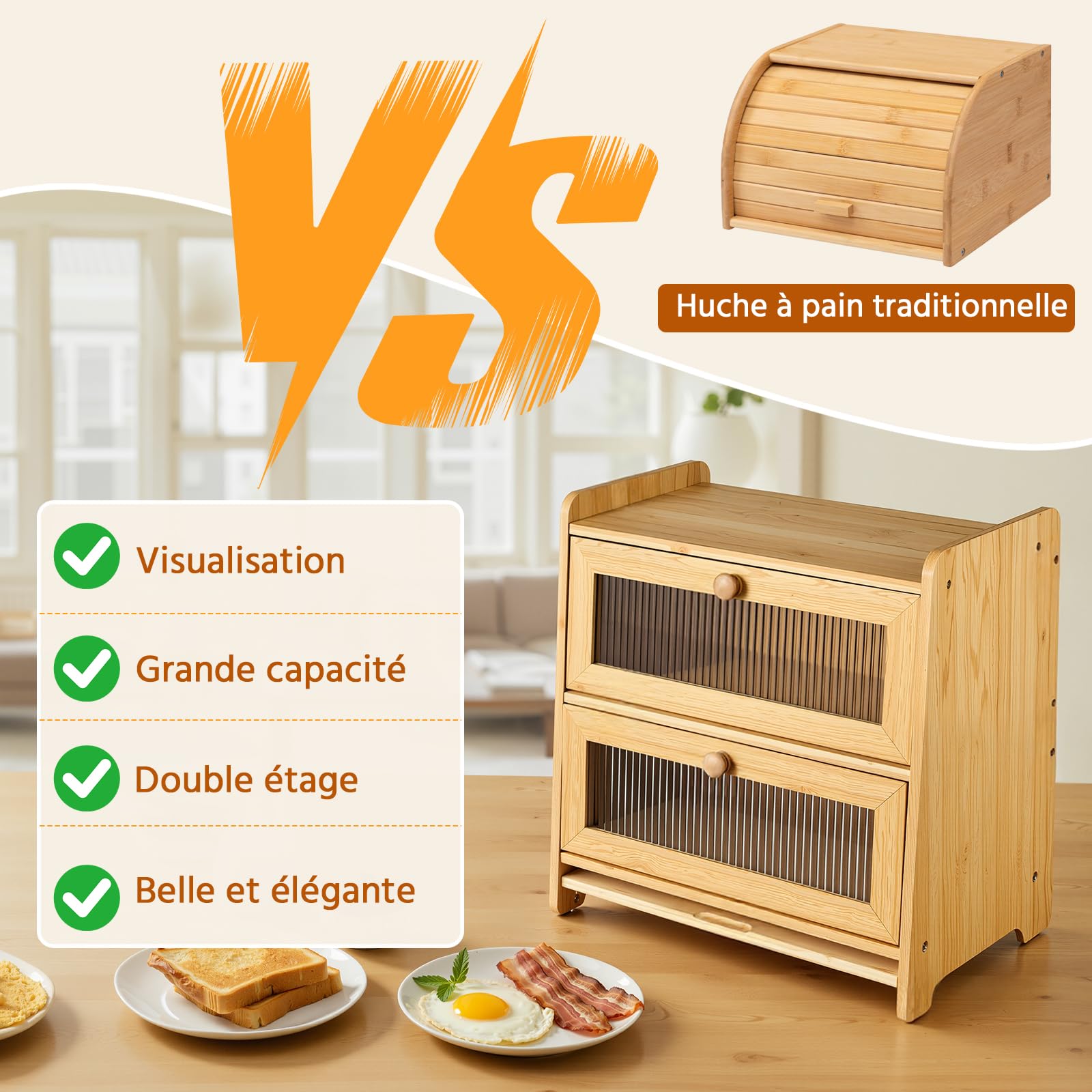 HAUSPROFI Boîte à pain en bambou à 2 étages - Avec planche à découper - Fenêtre visible ondulée - Élégante boîte à pain pour le stockage du pain - 40 x 25 x 40 cm