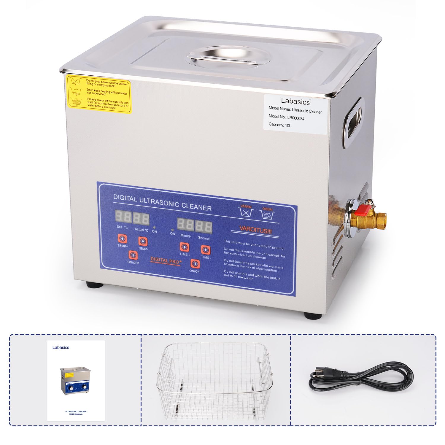 Labasics Pulitore ad Ultrasuoni, Pulitore ad Ultrasuoni Acciaio Inox Professionale Multiuso con Timer Display Digitale e Controllo del Calore per Laboratorio 220V, 10L