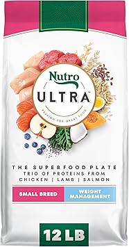 Nutro Ultra Adult Weight Management Small Breed Dry Dog Food, Adult Dog Food Dry Chicken, Lamb and Salmon Protein Trio Recipe, 12 lb. Bag