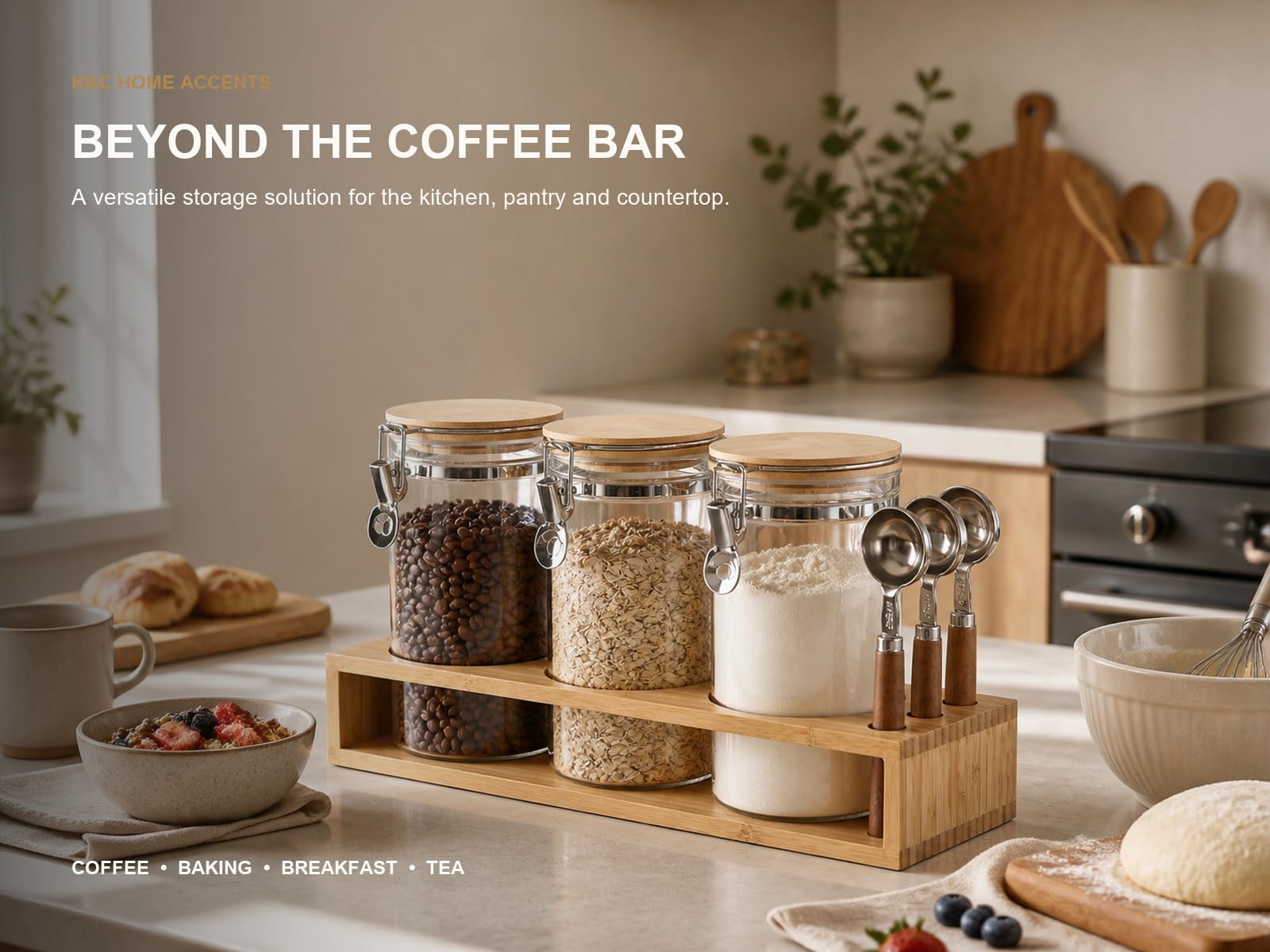 KKC HOME ACCENTS Barattoli ermetici in vetro per chicchi di caffè con paletta per bar, contenitori in vetro sigillato con coperchio incernierato per caffè macinato, tè sfuso, matcha, zucchero, 40 once