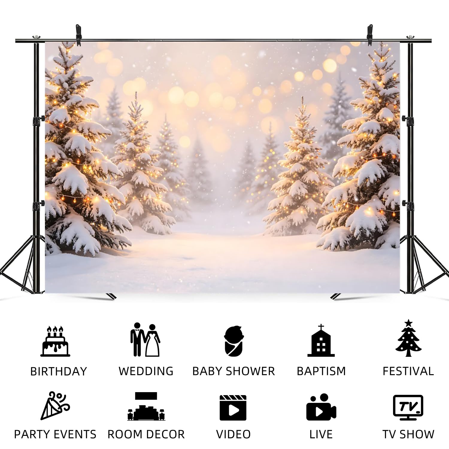 3 x 2,4 m Inverno Wonderland Fotografia Sfondo innevato Pino Foresta con neve che cade Luci Dorate Sfondo per Natale Capodanno Festa Photo Booth Ritratto Sparare Decorazioni Vacanze