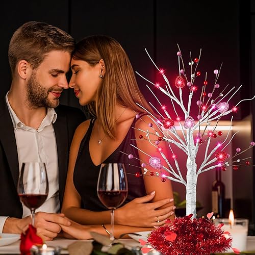 Miniatura 7 de Paquete de 2 adornos de oropel rojo de bayas con corazón, bayas y 24 luces LED, funciona con pilas, árbol de mesa para regalos, decoración interior