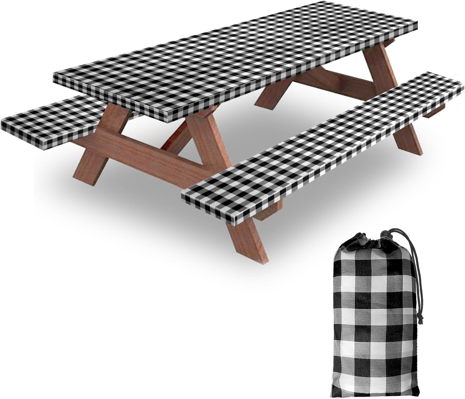 6ft Picnic Table and Bench Cover, Camping Essentials RV Gear, 72in Waterproof Windproof Outdoor Elastic All Around Tablecloth, Fitted Rectangle Tables and Seats, Black-White Checkered