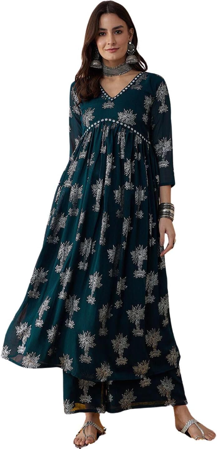rytrasWomen Rayon Alia Cut Kurta and Palazzo Set