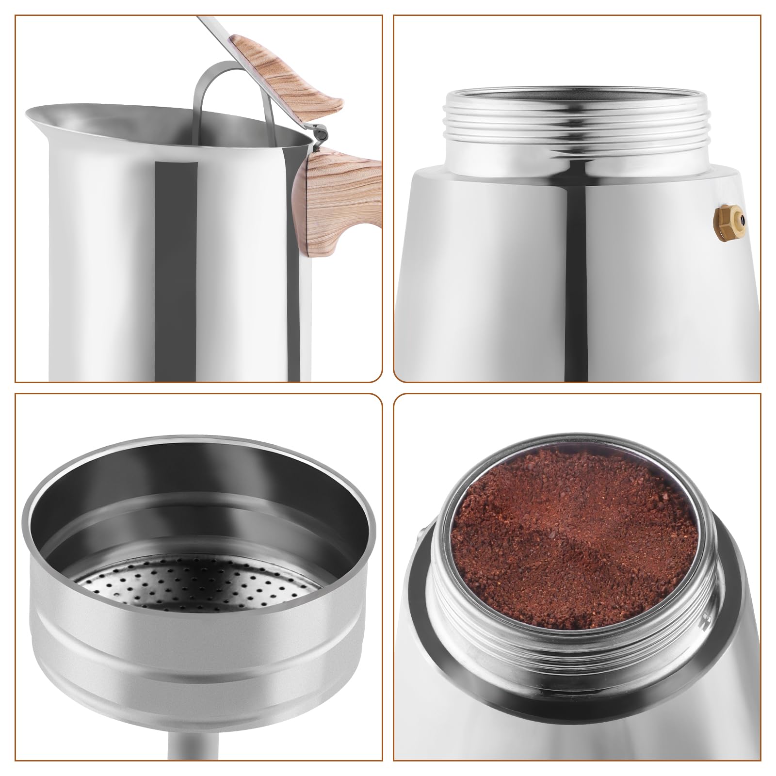 Sivaphe Cafetera de Espresso de Inducción - Acero Inoxidable, Moka Sin Aluminio, 6 Tazas de 300 ml