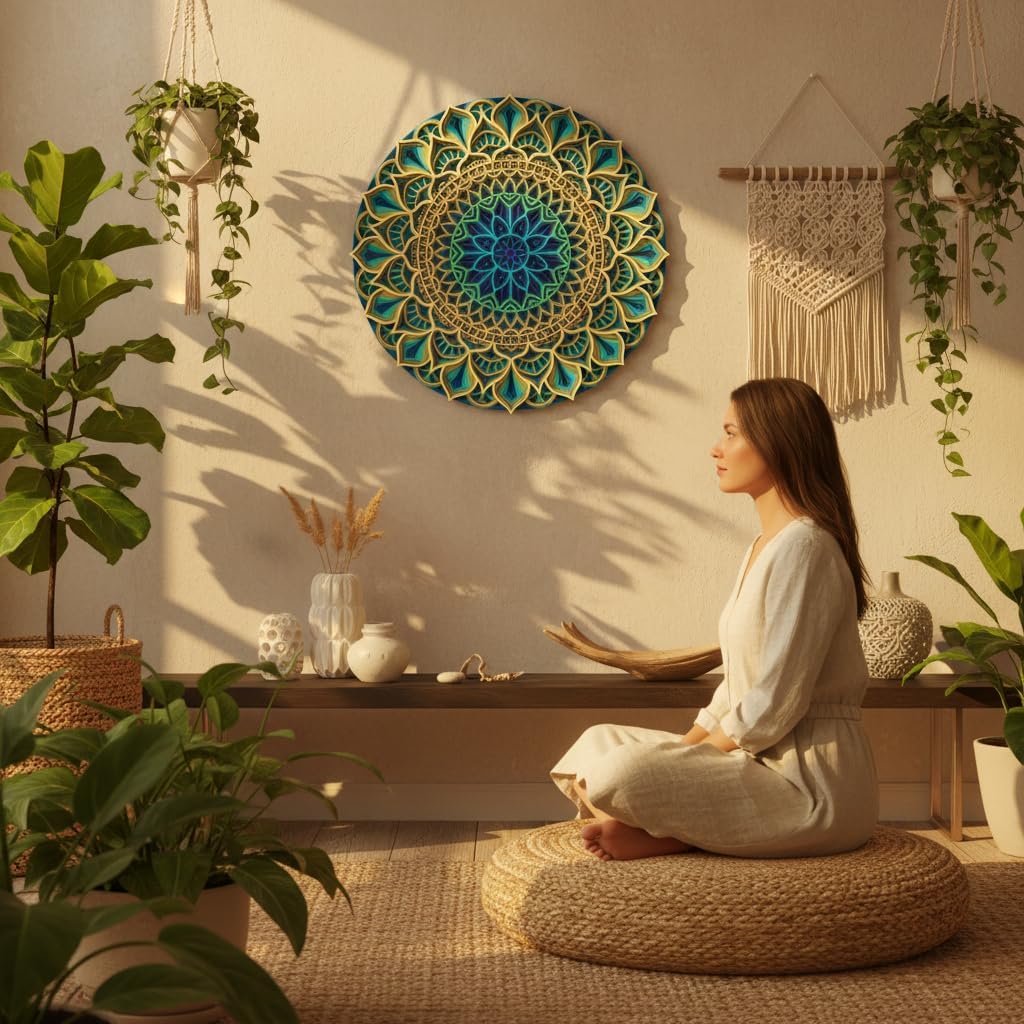 Anatoliawood Multilayer Colorful Mandala Wall Art – Large Yellow Green Blue Sacred Geometry Wooden Home Decor, Laser Cut Mandala Wall Hanging – 70 cm (27.5 Inch)