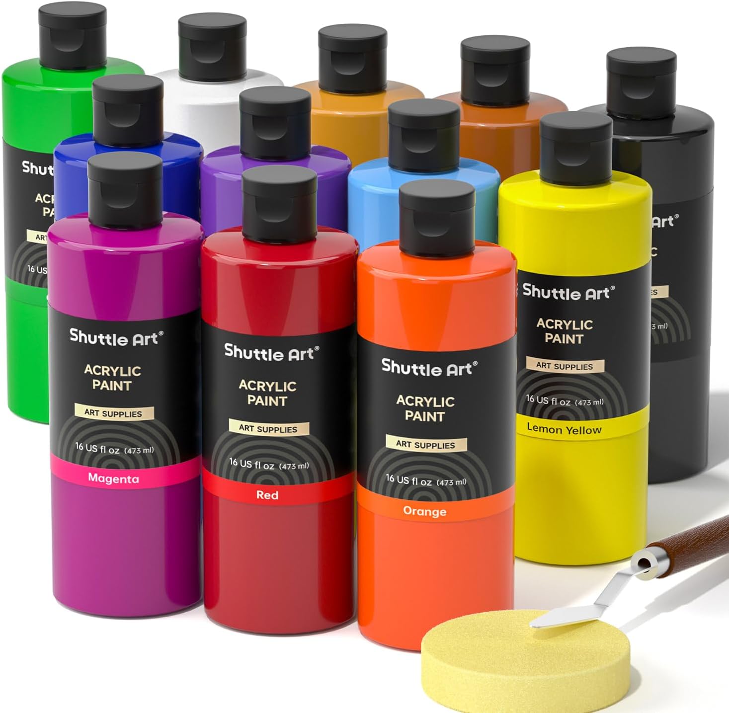 – Shuttle Art Acrylic Paint Set, 12 Colours Acrylic Paint Bottle Set (473ml/16oz), Rich Pigmented Paints, Bulk Painting Supplies for Artists, Beginners Kids on Rocks Crafts Canvas Wood Ceramic