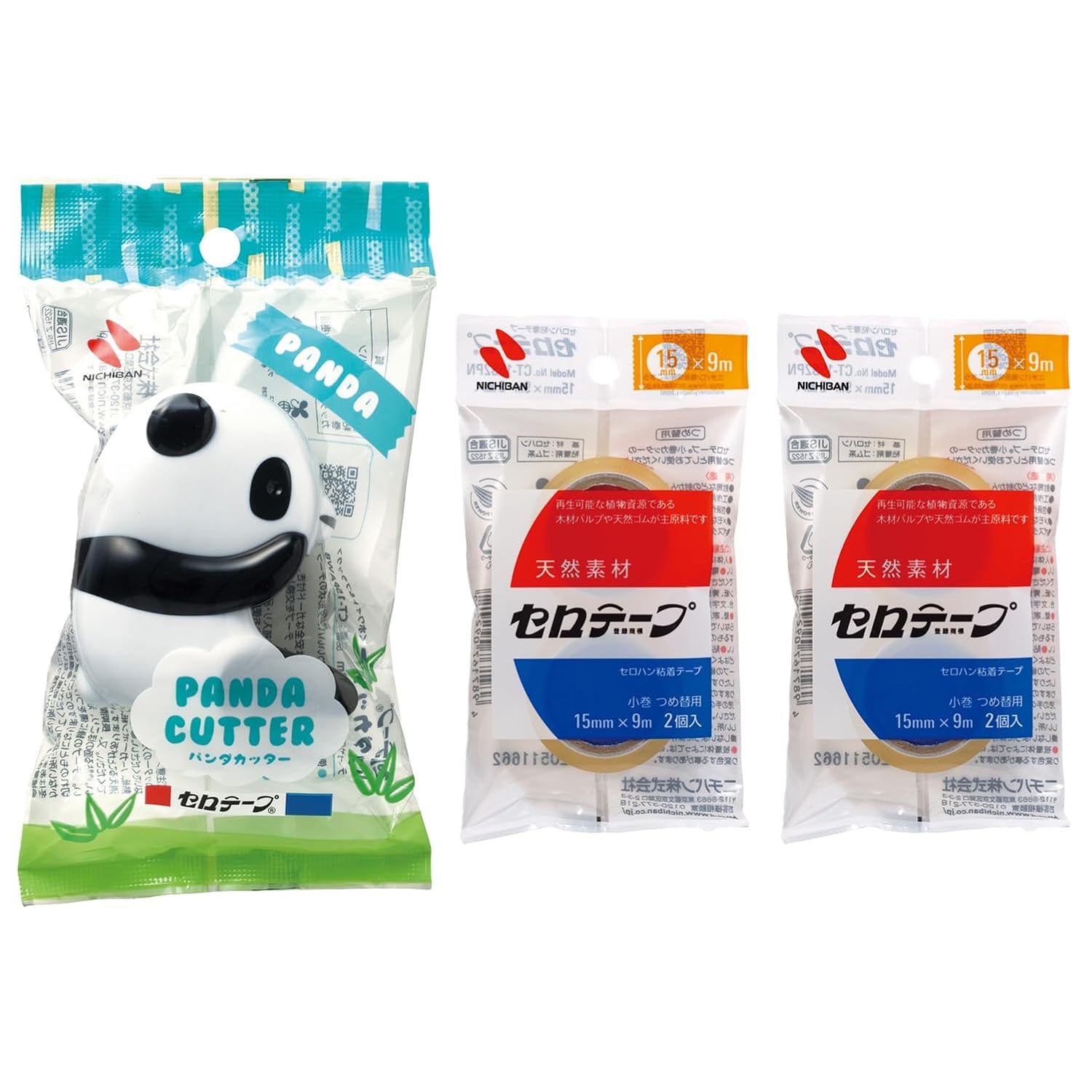 Nichiban CT15PAWB-S2PN2P Cello Tape, Panda Tape Cutter, Replacement Small Rolls, 4 Rolls, White & Black