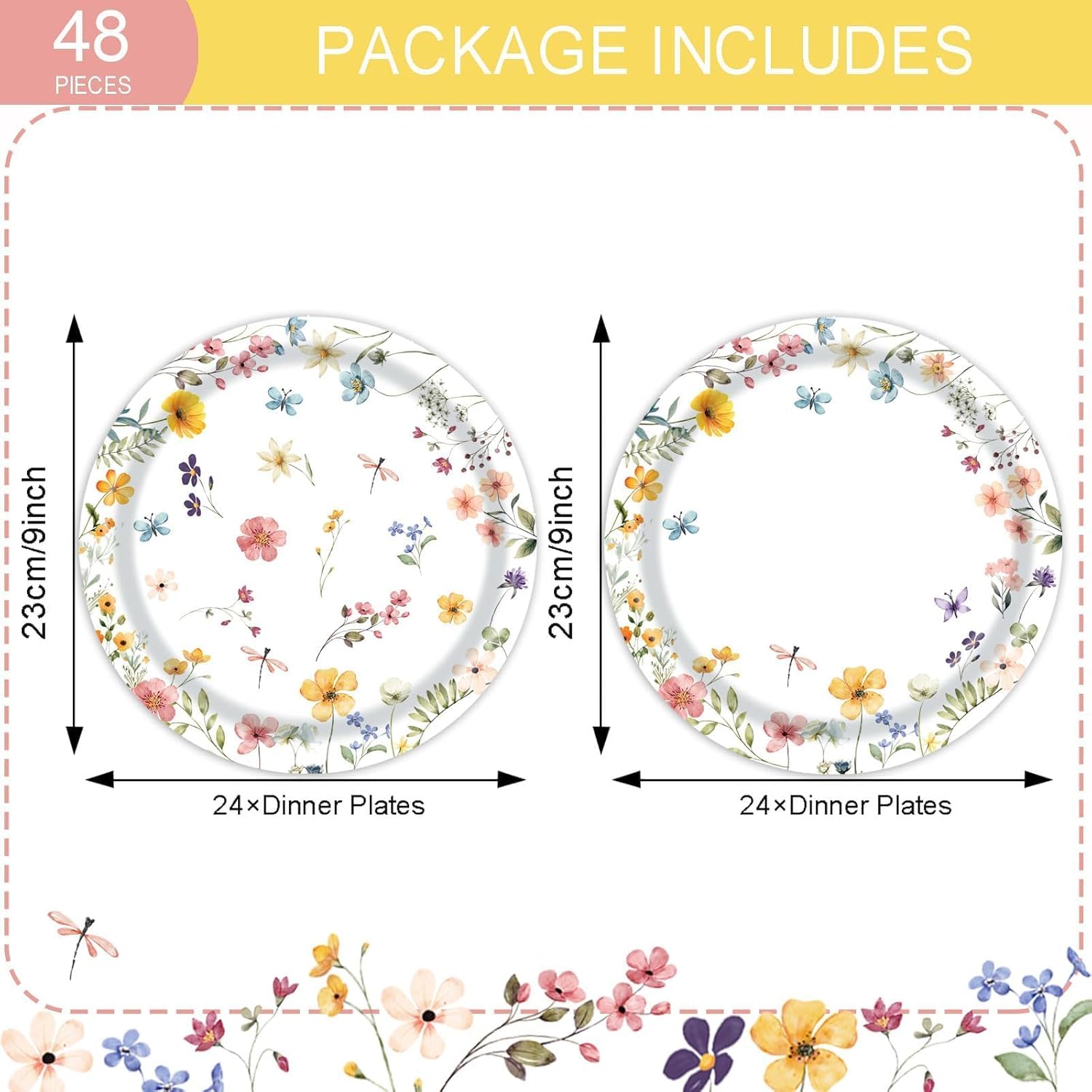 48PCS Wildflower Party Supplies, 9" Disposable Paper Plates, Spring Floral Party Spring Summer Picnic Plates Dinner Dessert Plates Birthday Bridal Shower Baby Shower Dinnerware Tableware - Image 2