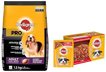 Pedigree Puppy Wet Dog Food, Chicken and Liver Chunks Flavour in Gravy with Vegetables, 15 Pouches (15x70g) & PRO Expert Nutrition Adult Small Breed Dogs (9 Months Onwards) Dry Dog Food, 1.2kg Pack