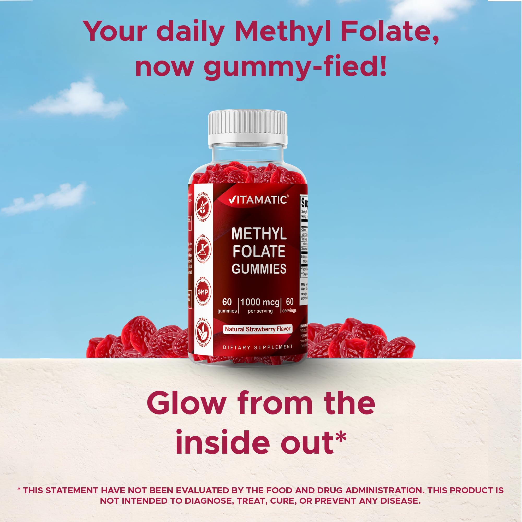 Vitamatic Methylfolate Gummies 1000 mcg – Active 5-MTHF Form – Natural Strawberry Flavor – Vegan, Non-GMO, Gluten Free – 60 Gummies — Amazon image 4