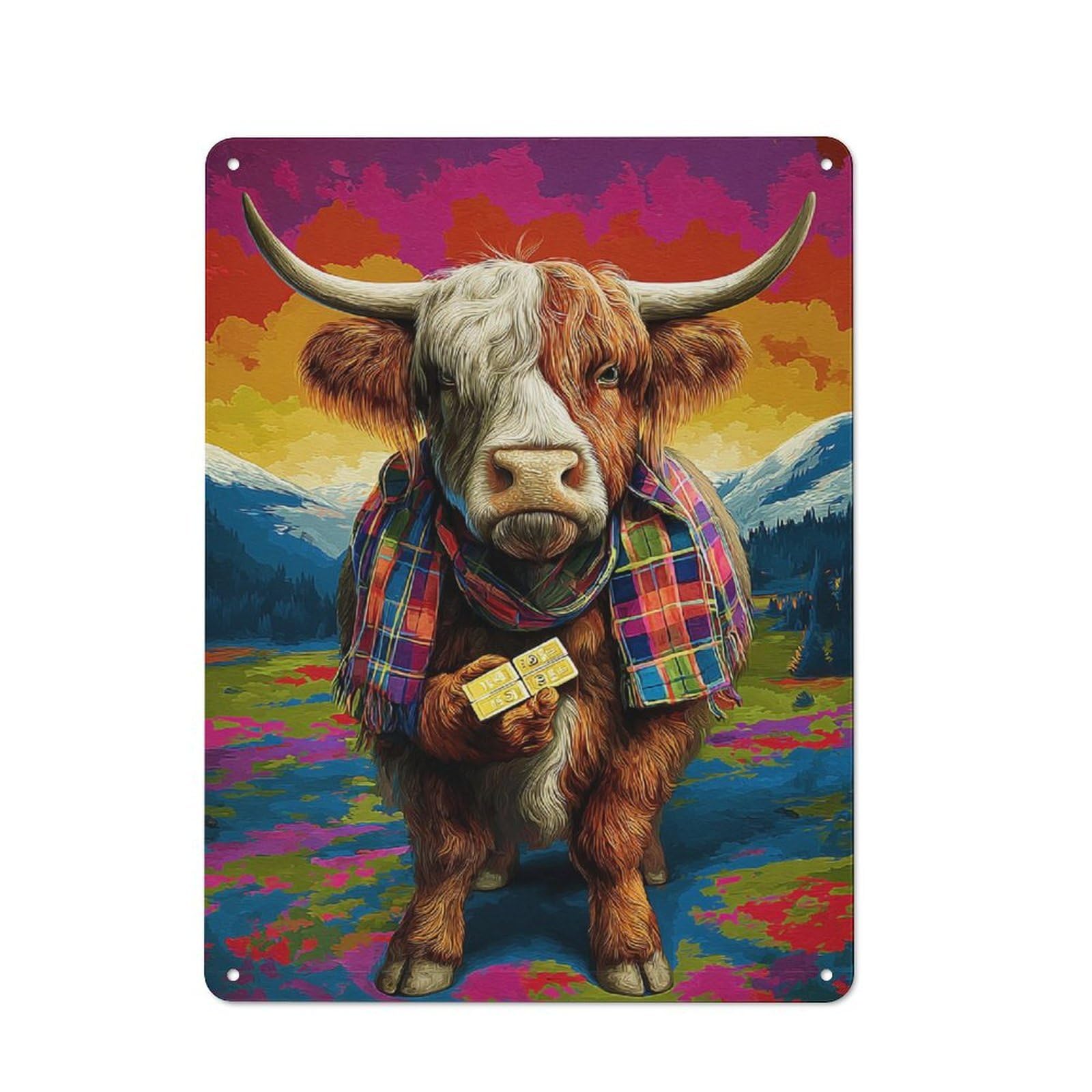 Junmoney Golden Bull In Plaid Adventure Farmhouse Metal Sign With Design 40X30cm, Rustic Farmhouse Wall Decor For Farmhouse Kitchen, Pantry Or Dining Area