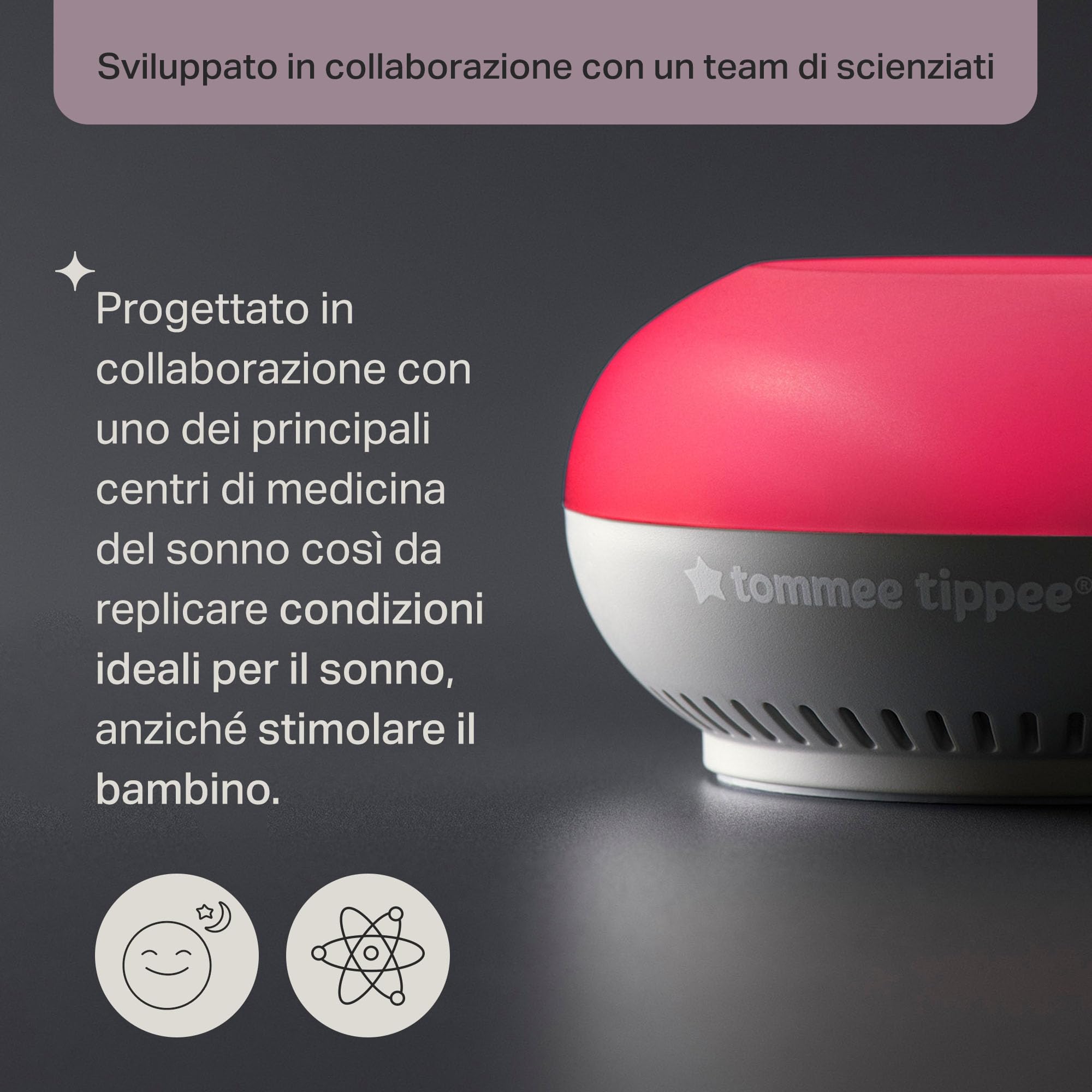Tommee Tippee ausilio per il sonno Dreammaker, testato scientificamente per far dormire meglio i bambini, rumore rosa, luce rossa notturna, sensore CrySensor intelligente