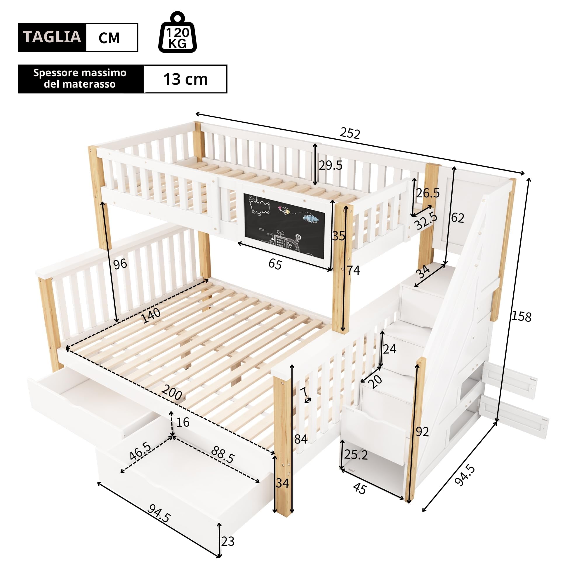Moimhear Letto a castello per bambini, matrimoniale, multifunzione, con piano e cassetti, 90 x 200 + 140 x 200 cm (bianco + rovere chiaro)