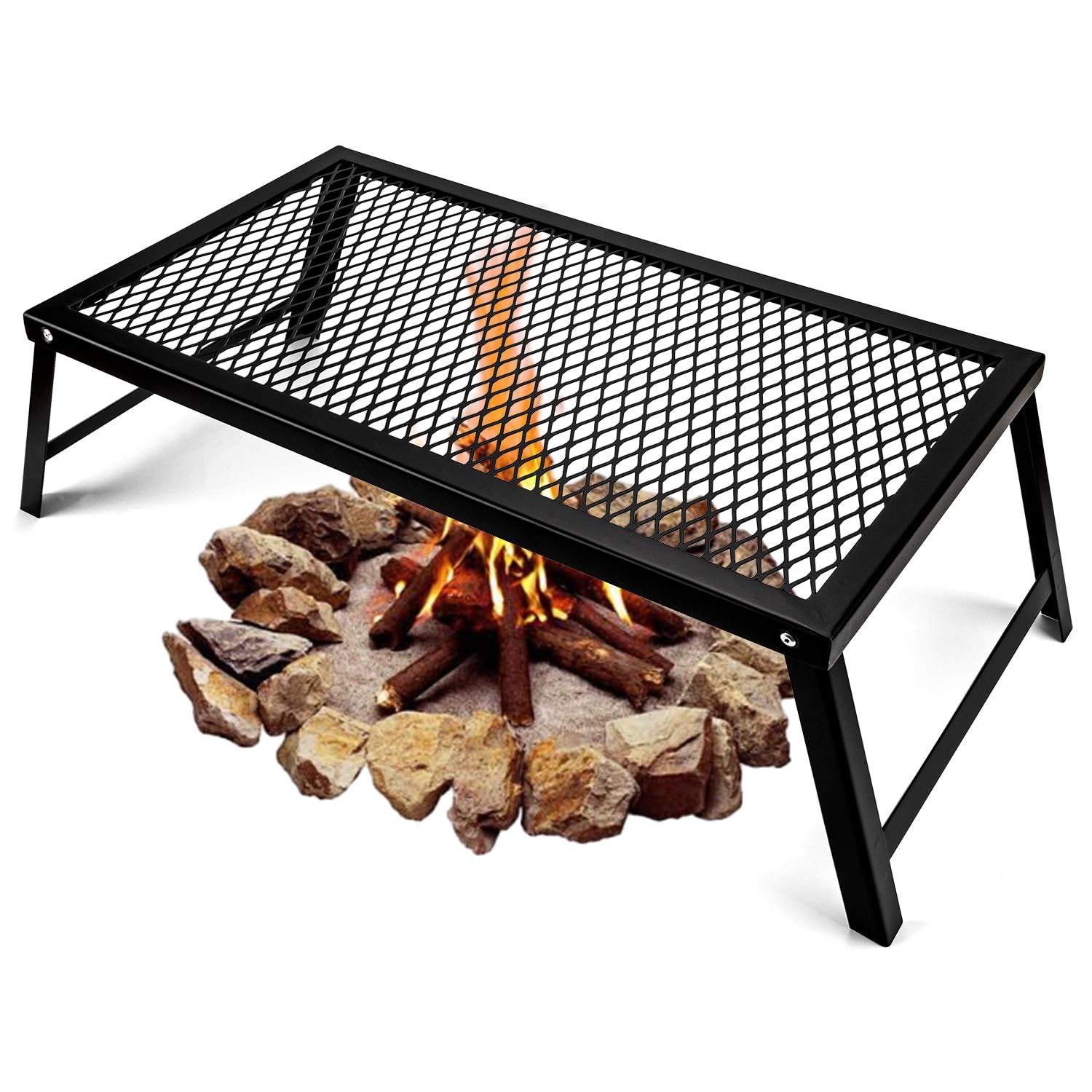 Hikeman Folding Campfire Grill Heavy Duty Camping Cooking Grate Over Fire Pit,Portable Outdoor Camp Grill Rack for Picnic BBQ Frying (55cm x 30cm)