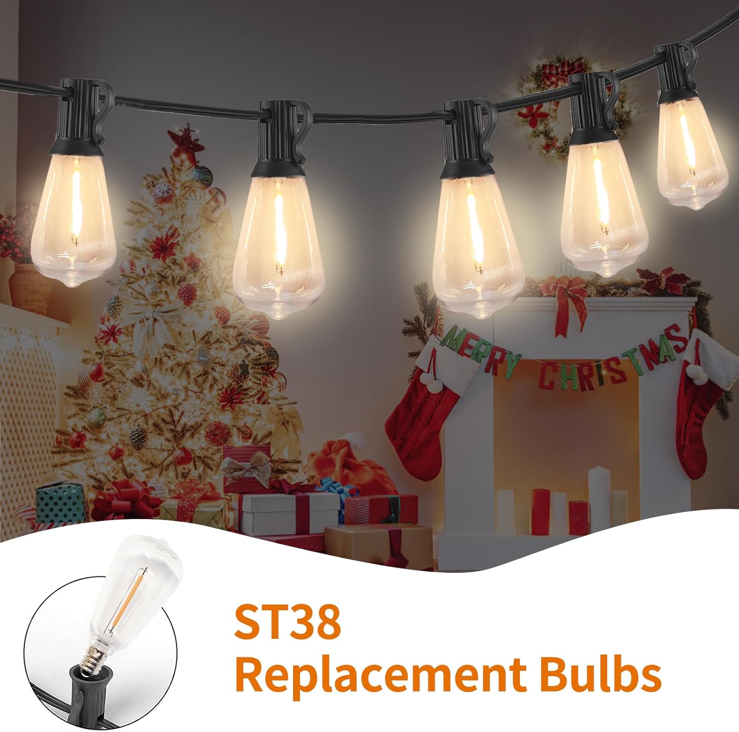 ST38 Replacement Bulbs 25 Pack, Shatterproof Waterproof IP65 LED Bulbs, E12 Candelabra Base, Dimmable Warm White 2700K, for Outdoor String Lights, Patio, Chandelier and Ceiling Fan