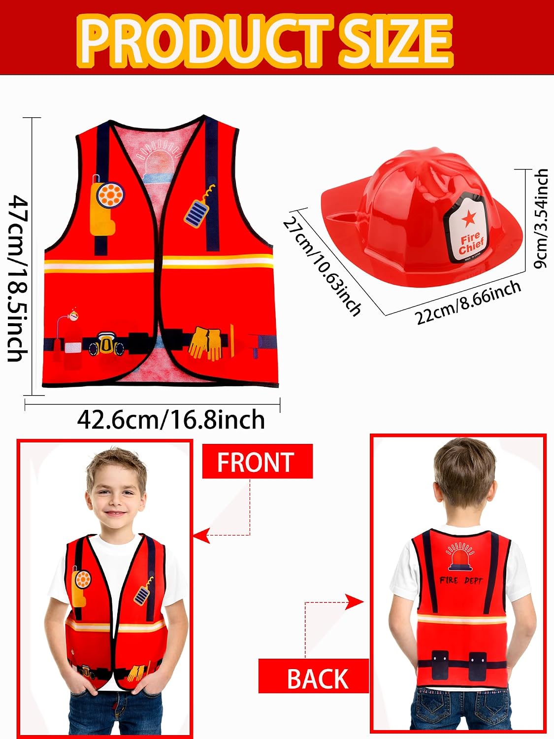 24 Pcs Kids Fireman Costumes Includes 12 Fireman Helmets Firefighter Hats and 12 Fireman Vests Firefighter Dress Up Set for Boys Girls Birthday Party Halloween Pretend