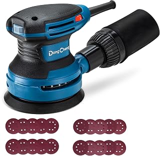 DongCheng Lijadora orbital 380W, lijadora Electrica de 125mm, 6 velocidades 8.000-12.800 rpm con colector de polvo y 20 lijas, ideal para trabajos profesionales de carpintería y lijado