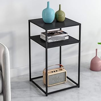 Metal Side Table, Sofa End Table with Open Compartment for Small Space Living Room, Height 70cm Bedside Table Space Saving Size: 40*30*70CM, Color:Black