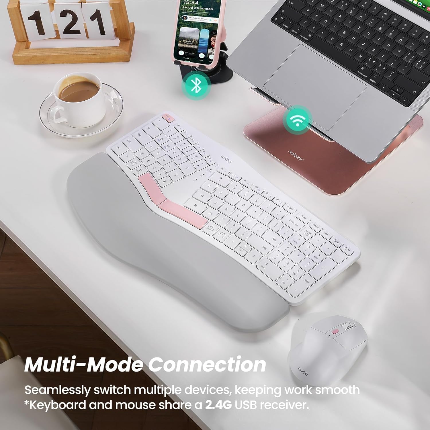 Nulea KM75 Wireless Keyboard and Mouse Combo, Comfortable Natural Typing, Palm Rest, Multi-Device (Bluetooth, 2.4G, Wired), Rechargeable, for Multi-OS, Windows, Mac, Android (White Pink)