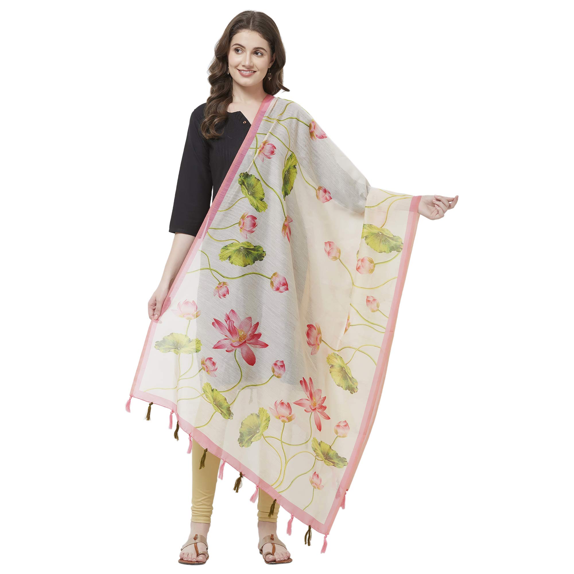 Faserz Women's Floral Digital Printed Chanderi Silk Dupatta (Pink)