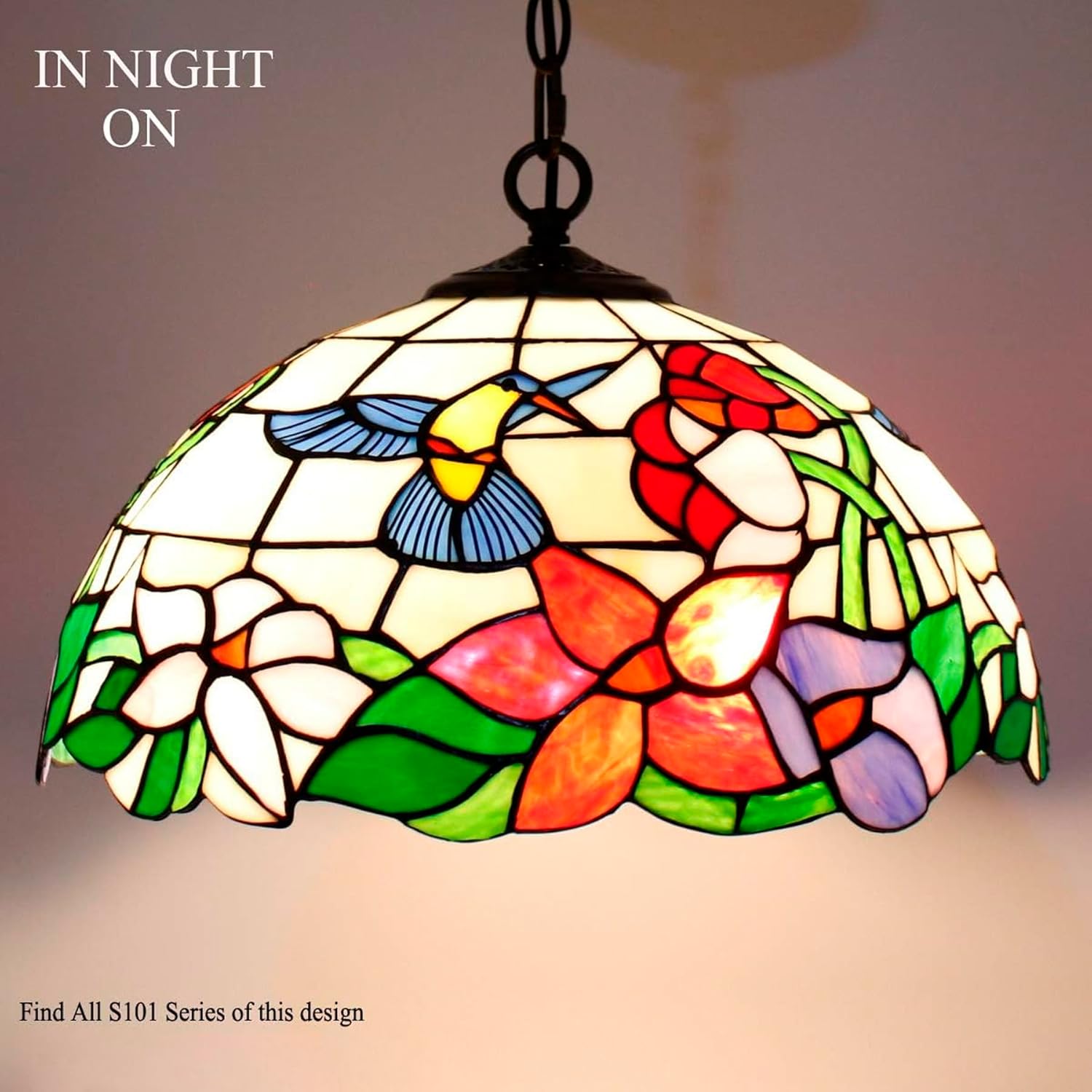 WERFACTORY Tiffany Pendant Light Fixture Hummingbird Amber Stained Glass 16 Inch Hanging Lamp Wide 16 Inch, Height 40 Inch S101 Series