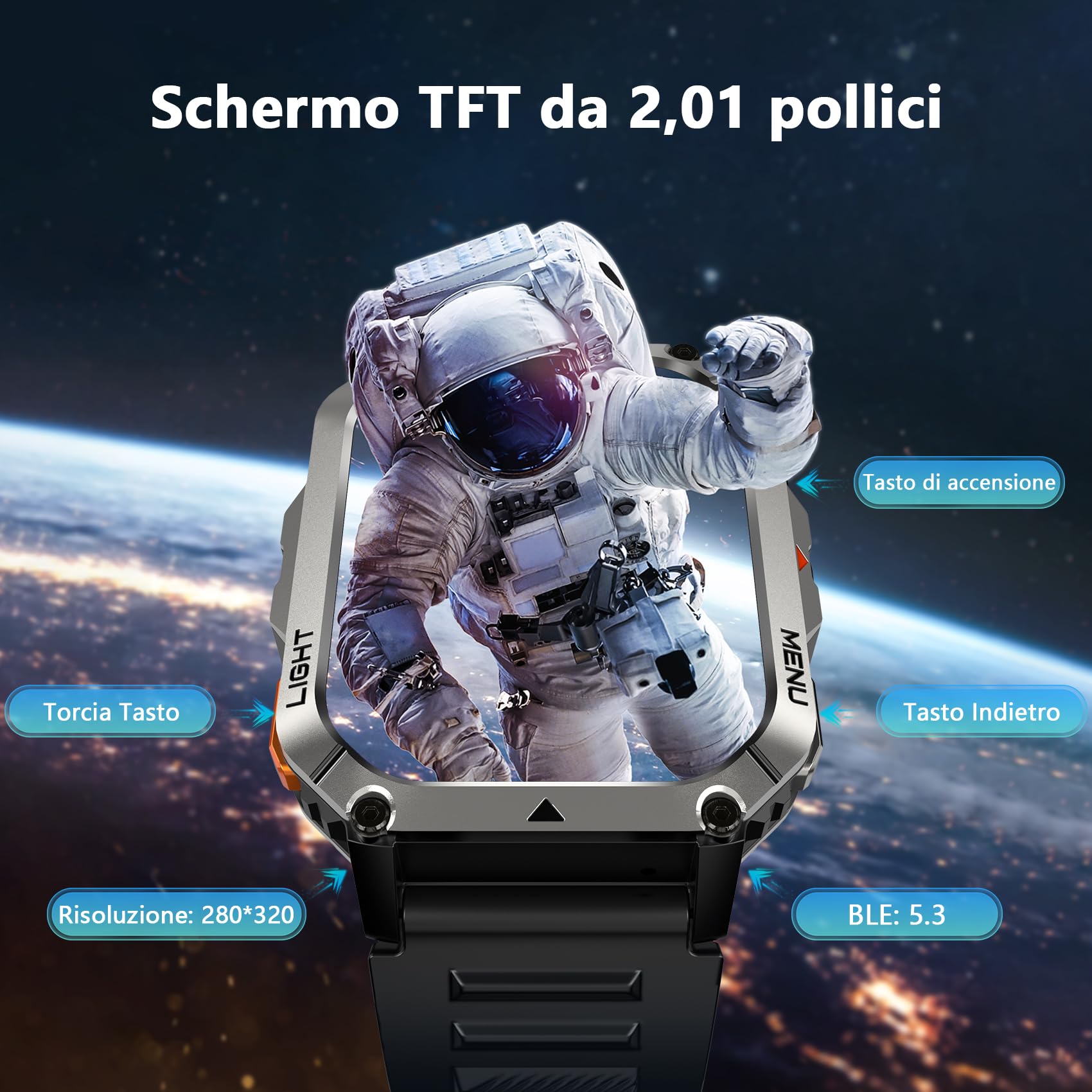 Blackview Smartwatch Uomo, 2.01" Militare Smartwatch Uomo Fitness con Chiamate Bluetooth Orologio Intelligente 115+ Modalità Sportive/900 mAh/Sonno/Cardiofrequenzimetro/Torcia/Bussola per Android IOS